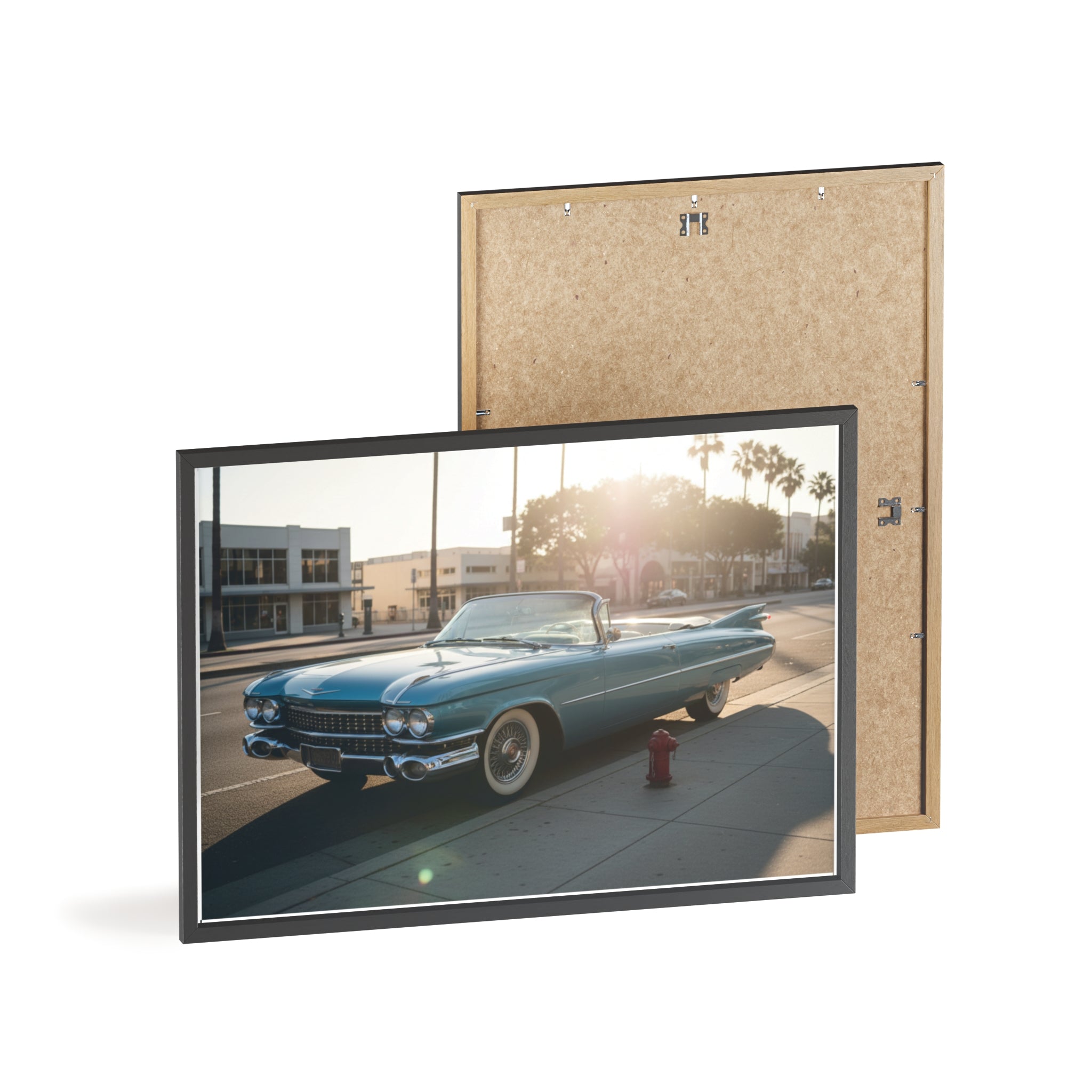 Vintage Blue Cadillac Poster with Wooden Frame – Retro Car Wall Art