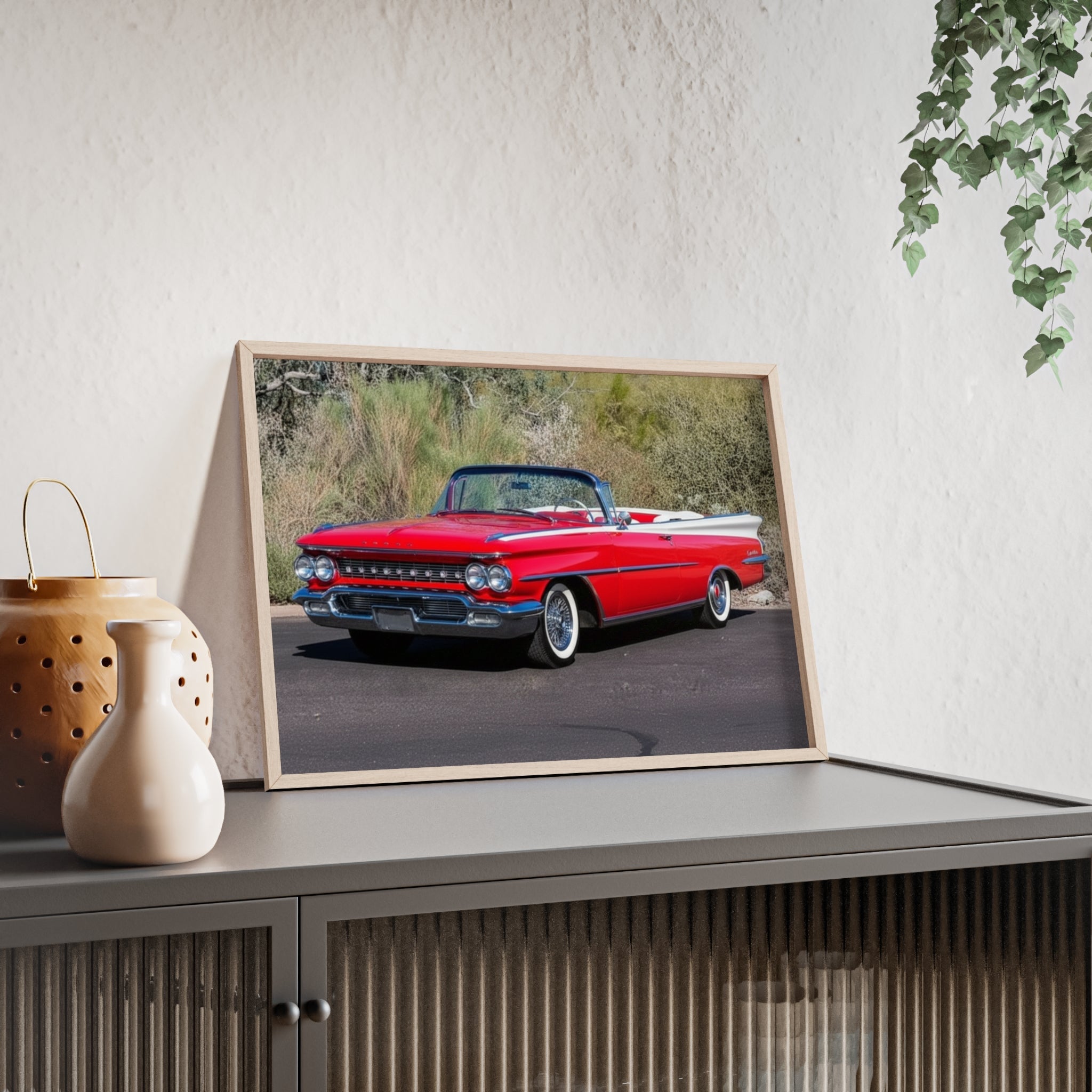 Vintage Red Convertible Car Poster with Wooden Frame — Classic Auto Wall Art