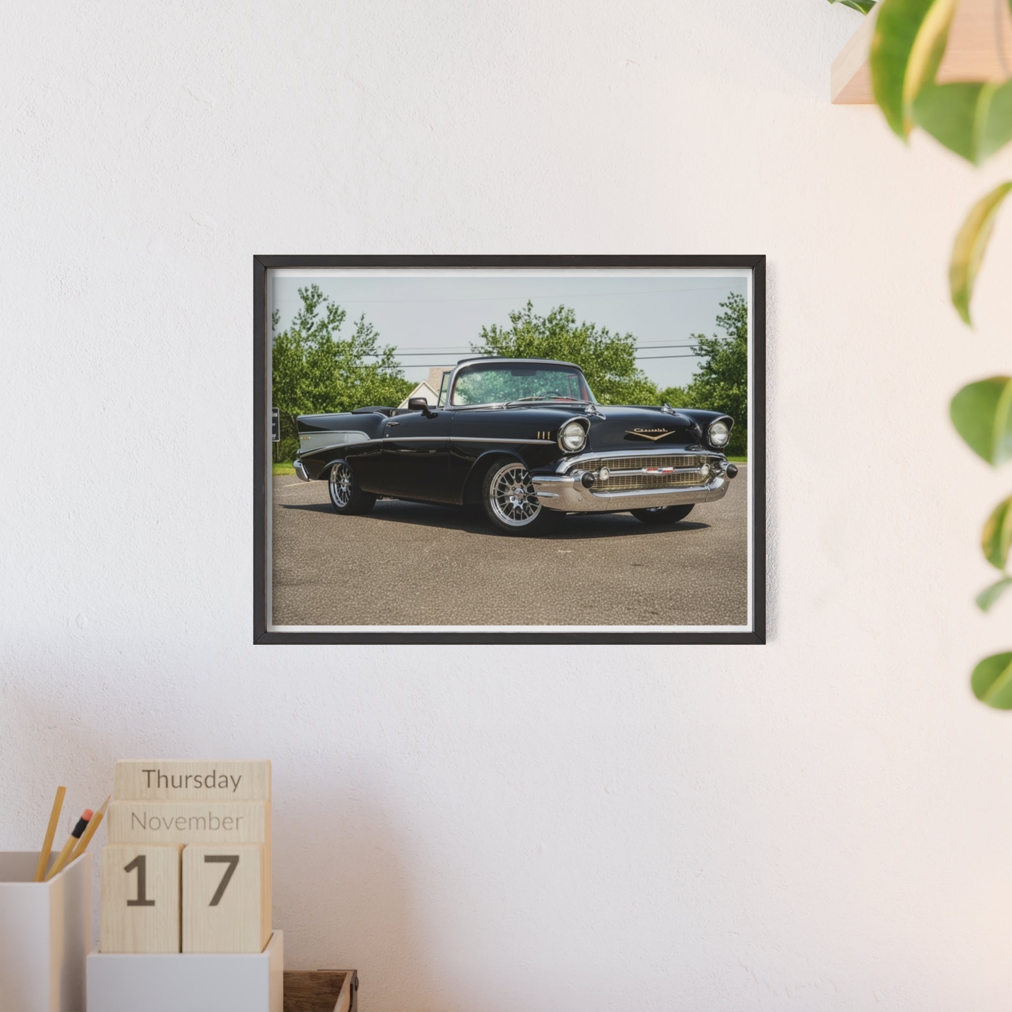 Classic Black 1957 Chevy Poster with Wooden Frame — Vintage Car Wall Art