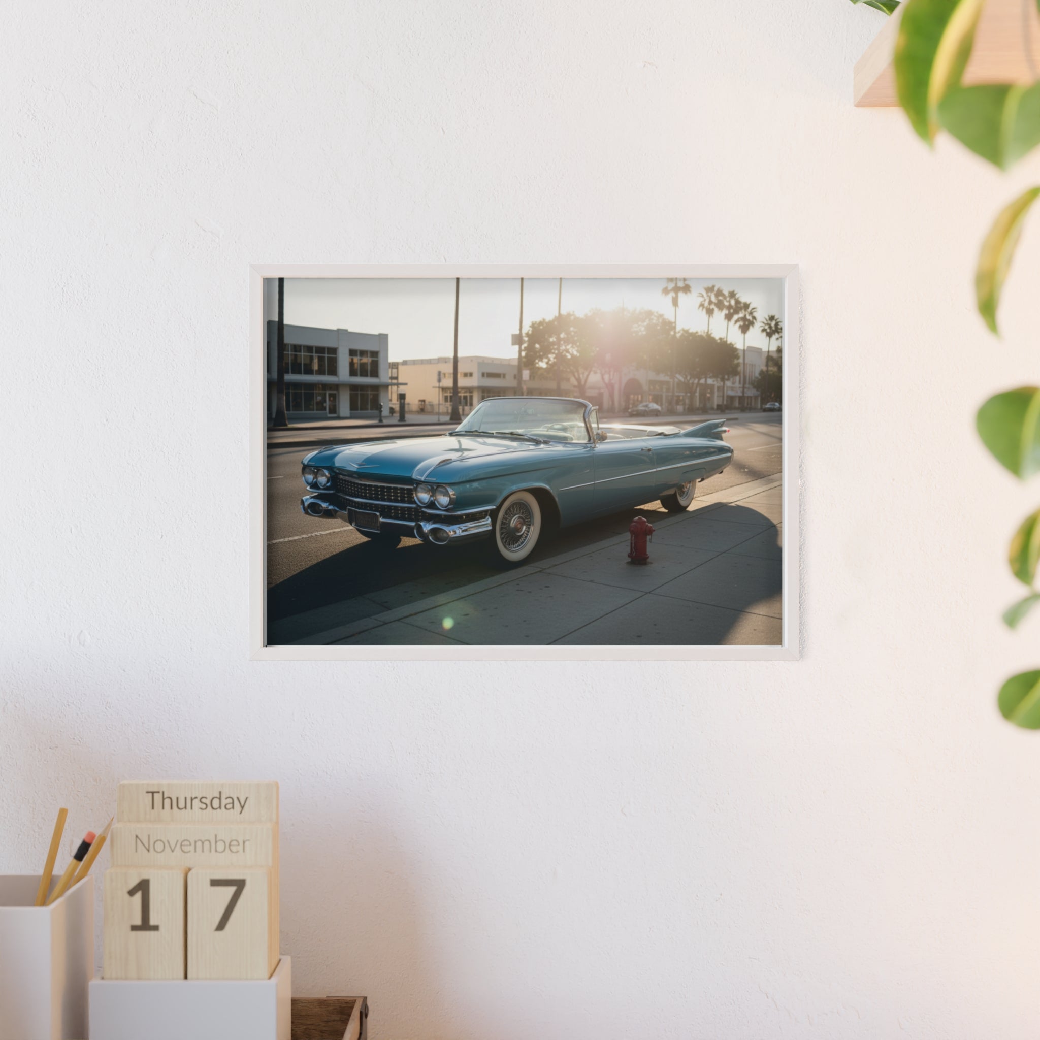 Vintage Blue Cadillac Poster with Wooden Frame – Retro Car Wall Art
