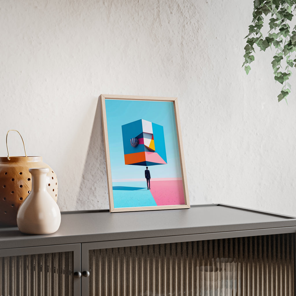 Surreal Geometric Art Poster with Wooden Frame — Modern Minimal Wall Decor