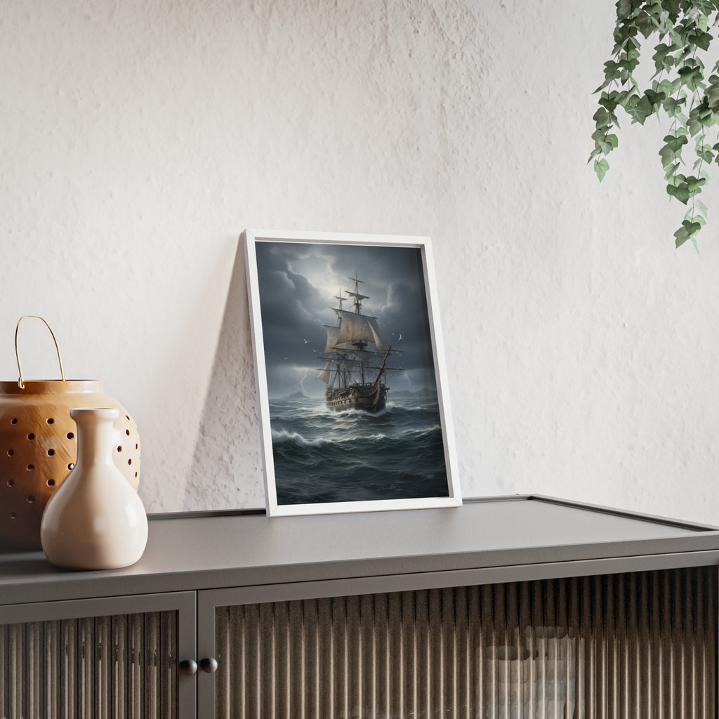 Framed Stormy Sea Ship Poster — Nautical Wall Art with Wooden Frame