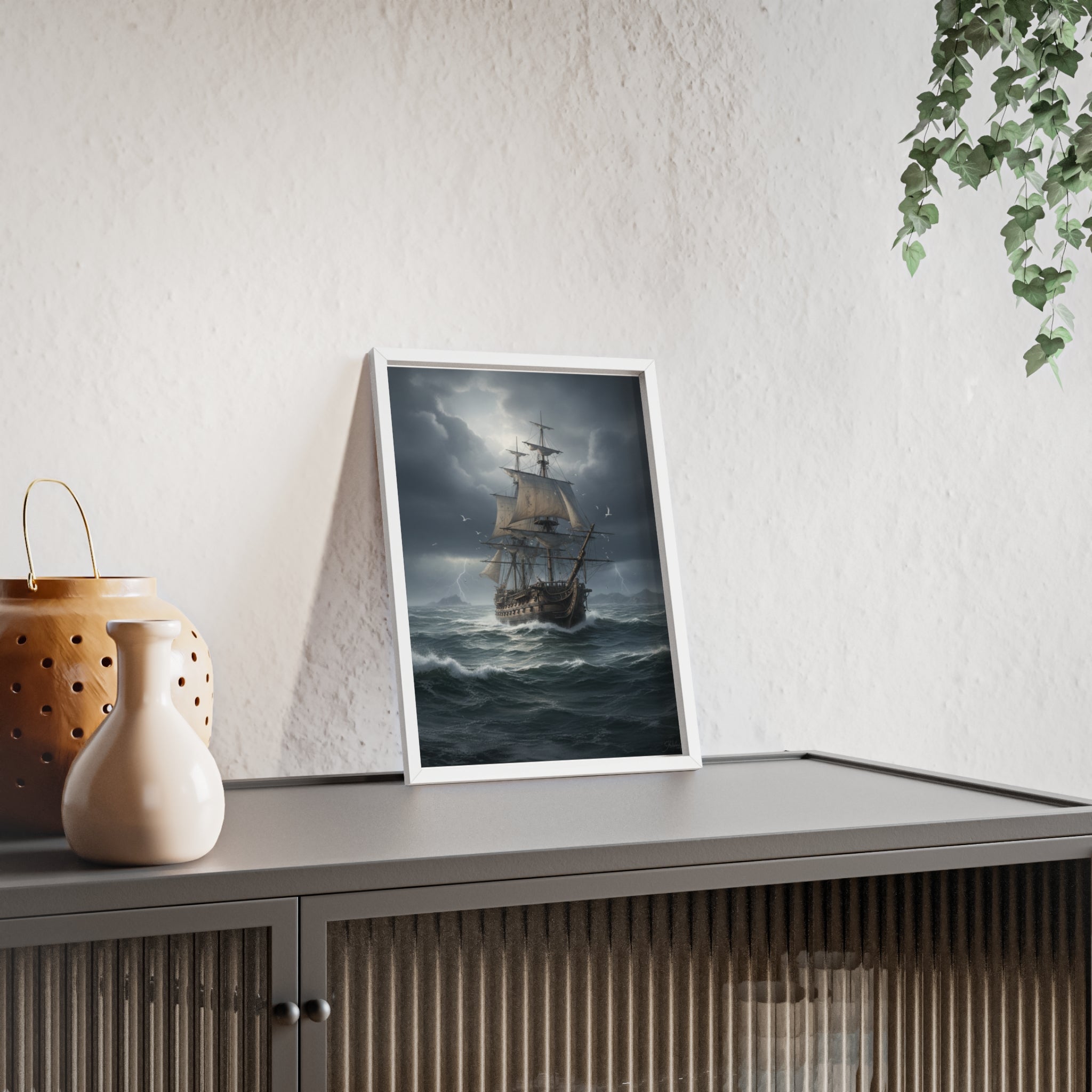 Framed Stormy Sea Ship Poster — Nautical Wall Art with Wooden Frame