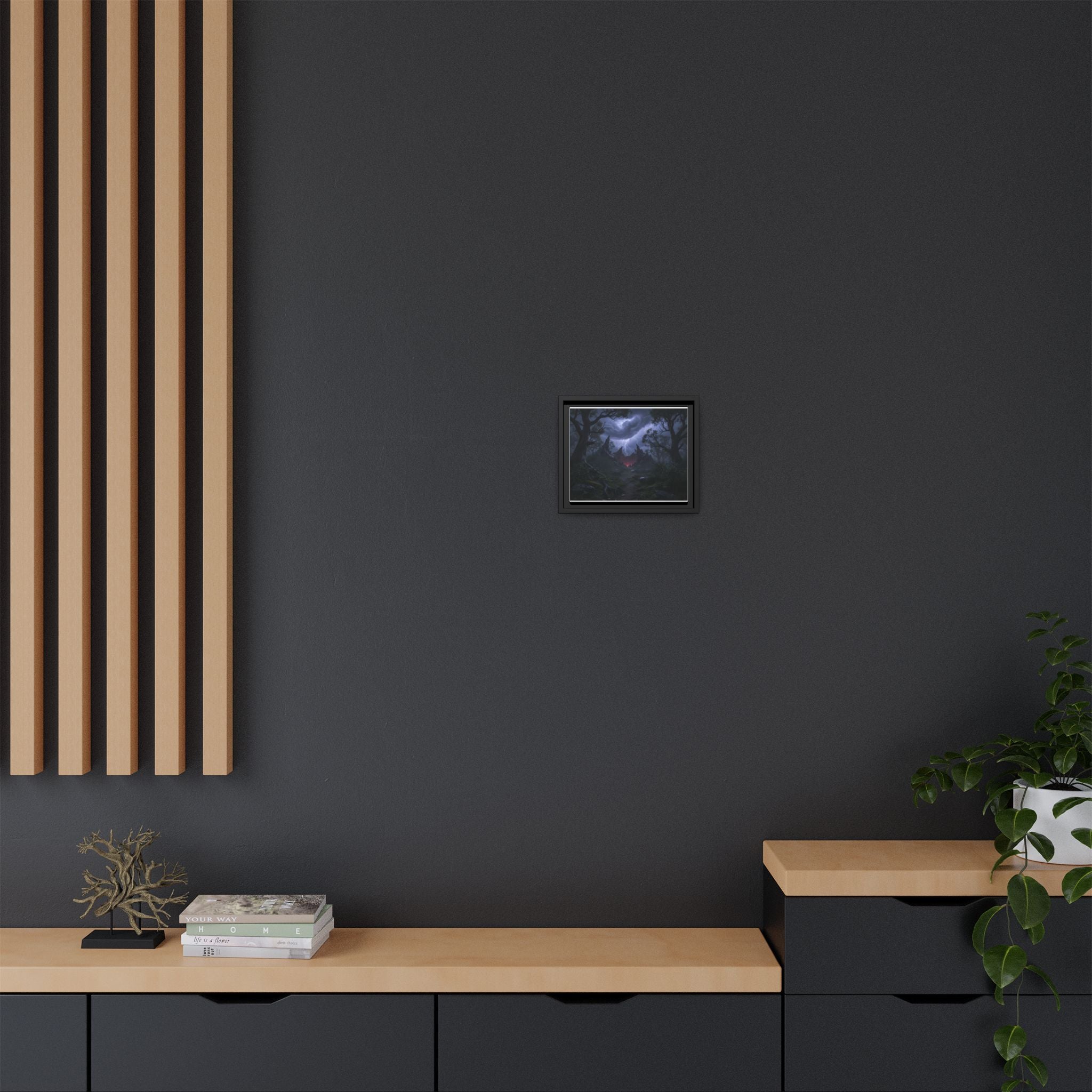 Dark Storm Forest Framed Canvas Print — Lightning, Haunted Castle Art