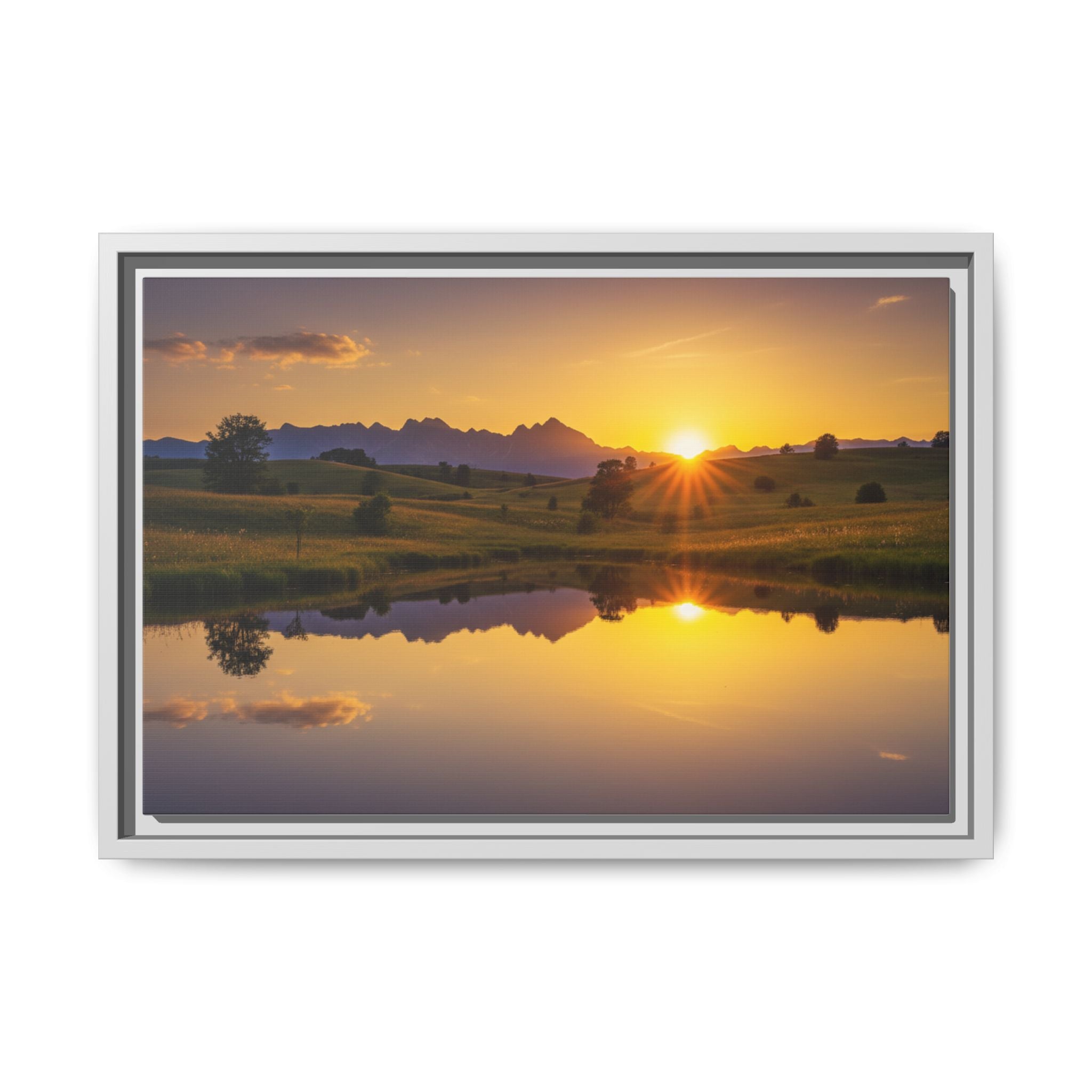 Framed Matte Canvas Sunset Landscape — Serene Lake Reflection Wall Art