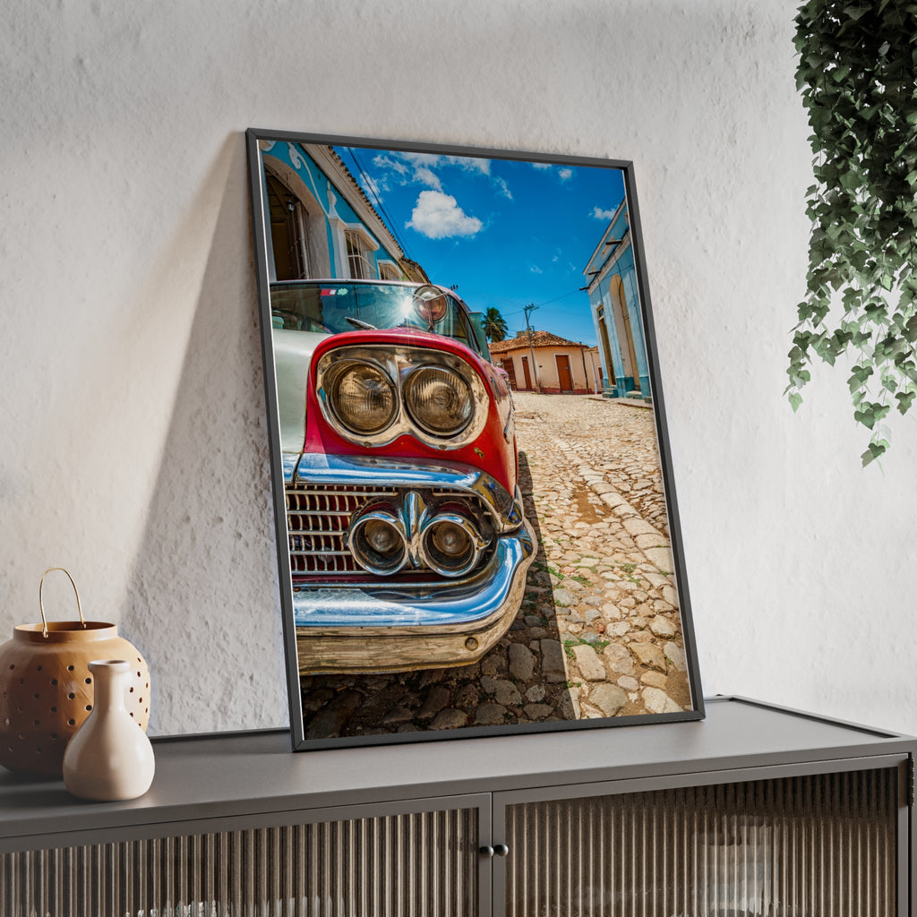 Vintage Classic Car Poster with Wooden Frame — Retro Cuba Street Photography Wall Art