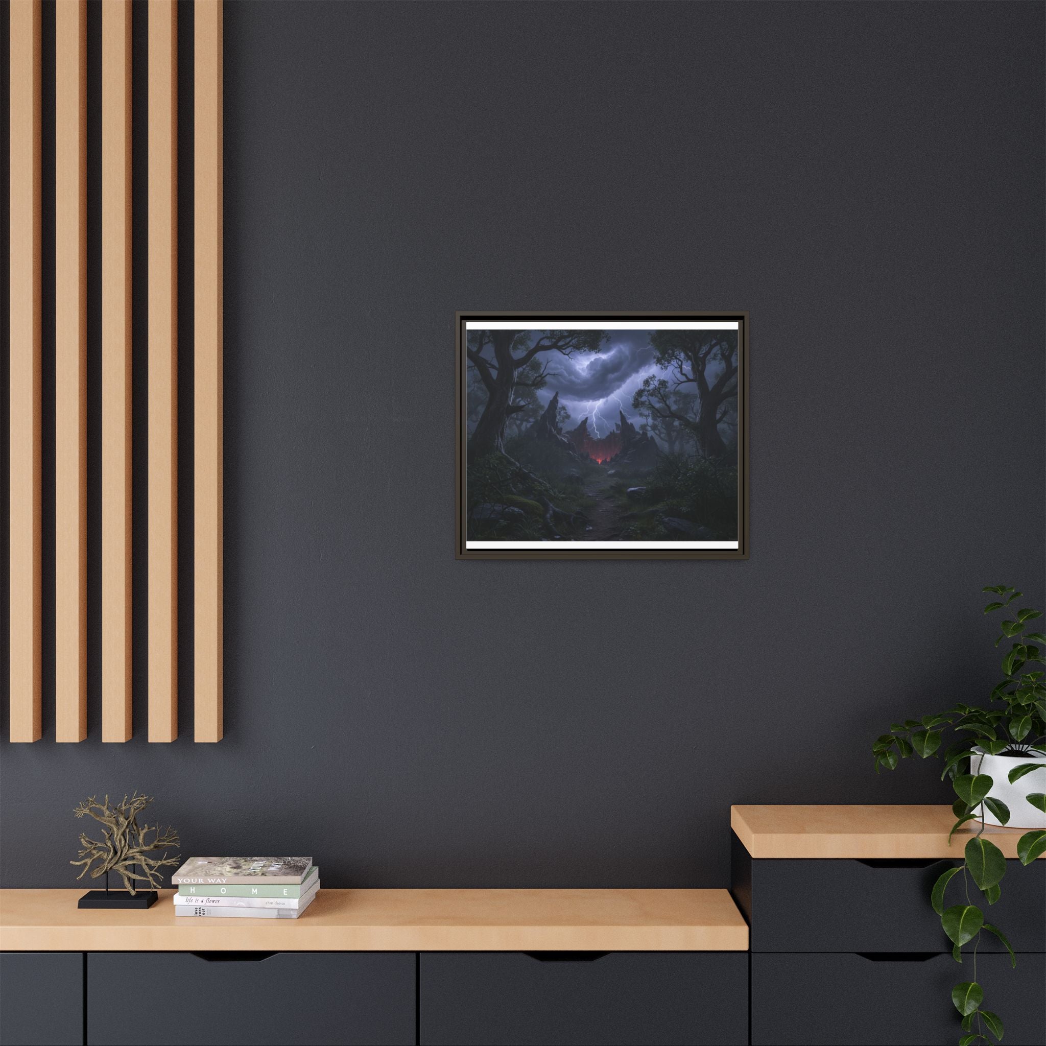 Dark Storm Forest Framed Canvas Print — Lightning, Haunted Castle Art