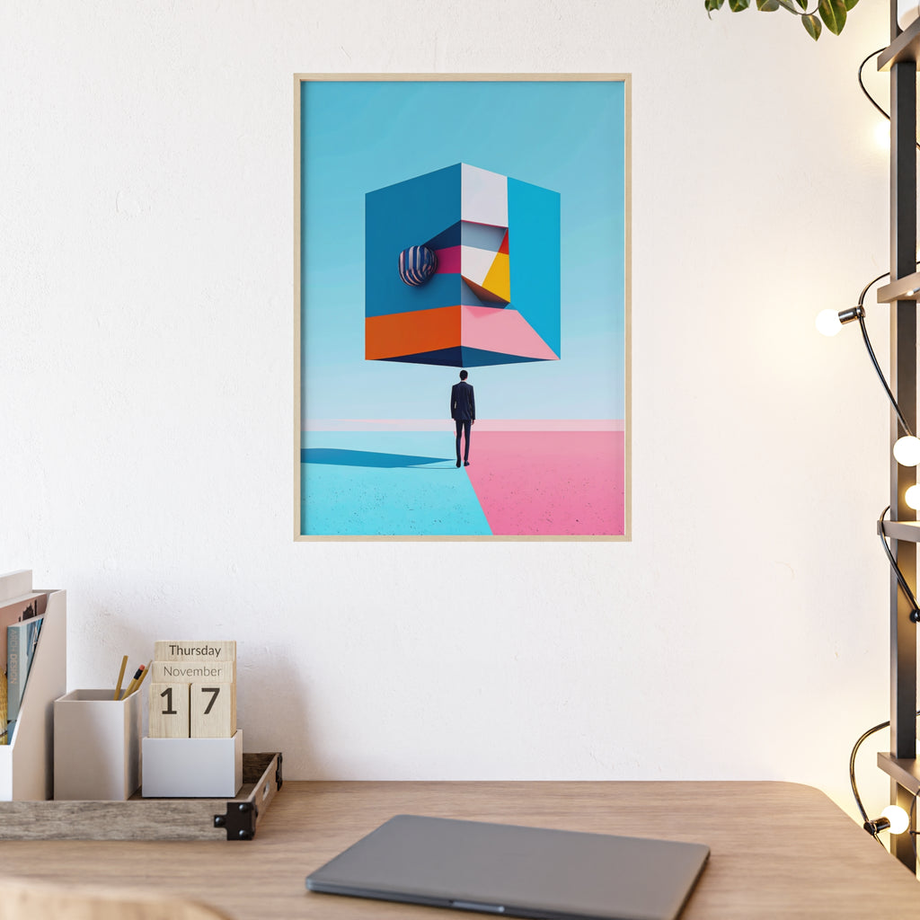 Surreal Geometric Art Poster with Wooden Frame — Modern Minimal Wall Decor
