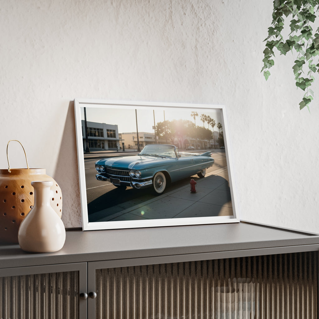 Vintage Blue Cadillac Poster with Wooden Frame – Retro Car Wall Art