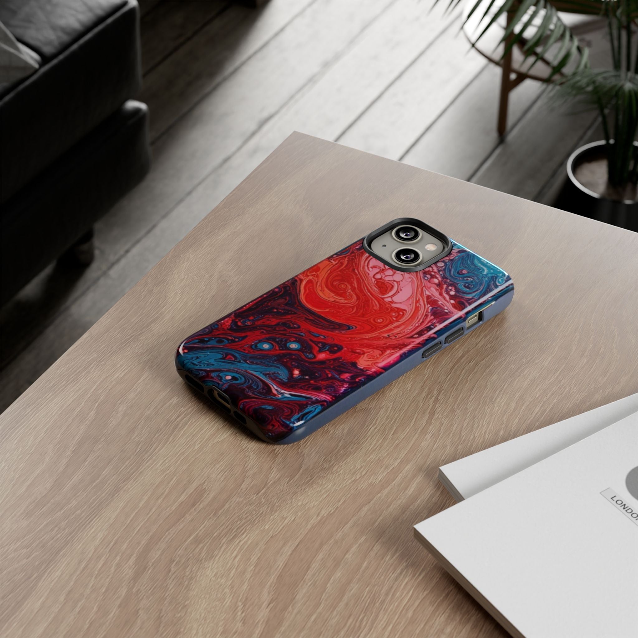 Abstract Red & Blue Swirl Tough Phone Case — Protective iPhone Cover with Fluid Art Design
