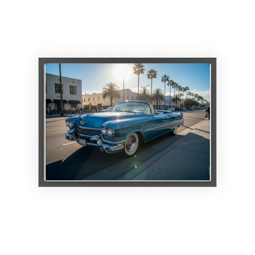 Framed Vintage Cadillac Poster – Retro Palm-Tree Coastal Car Wall Art