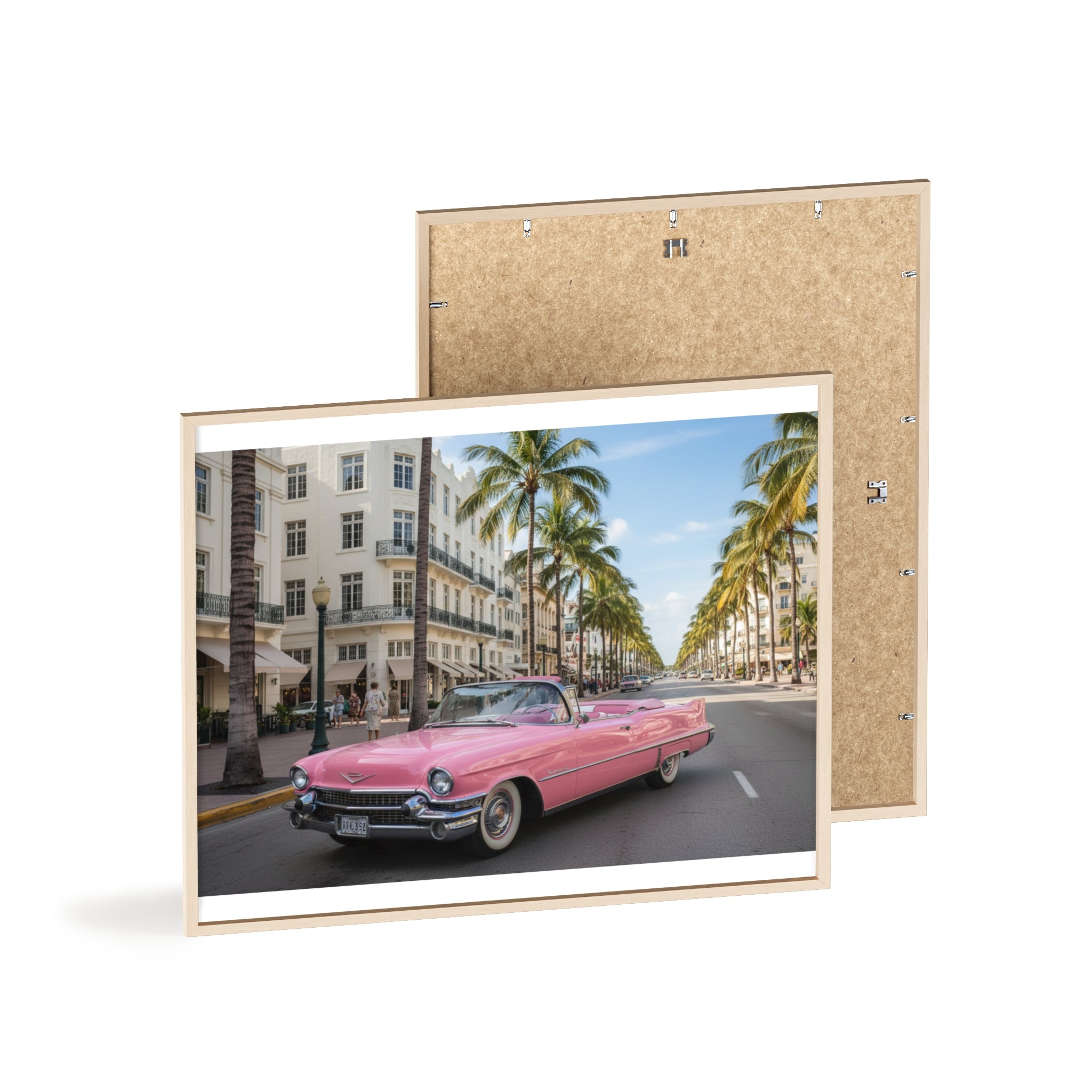 Vintage Pink Cadillac Wall Poster with Wooden Frame — Retro Miami Palm Street Photography