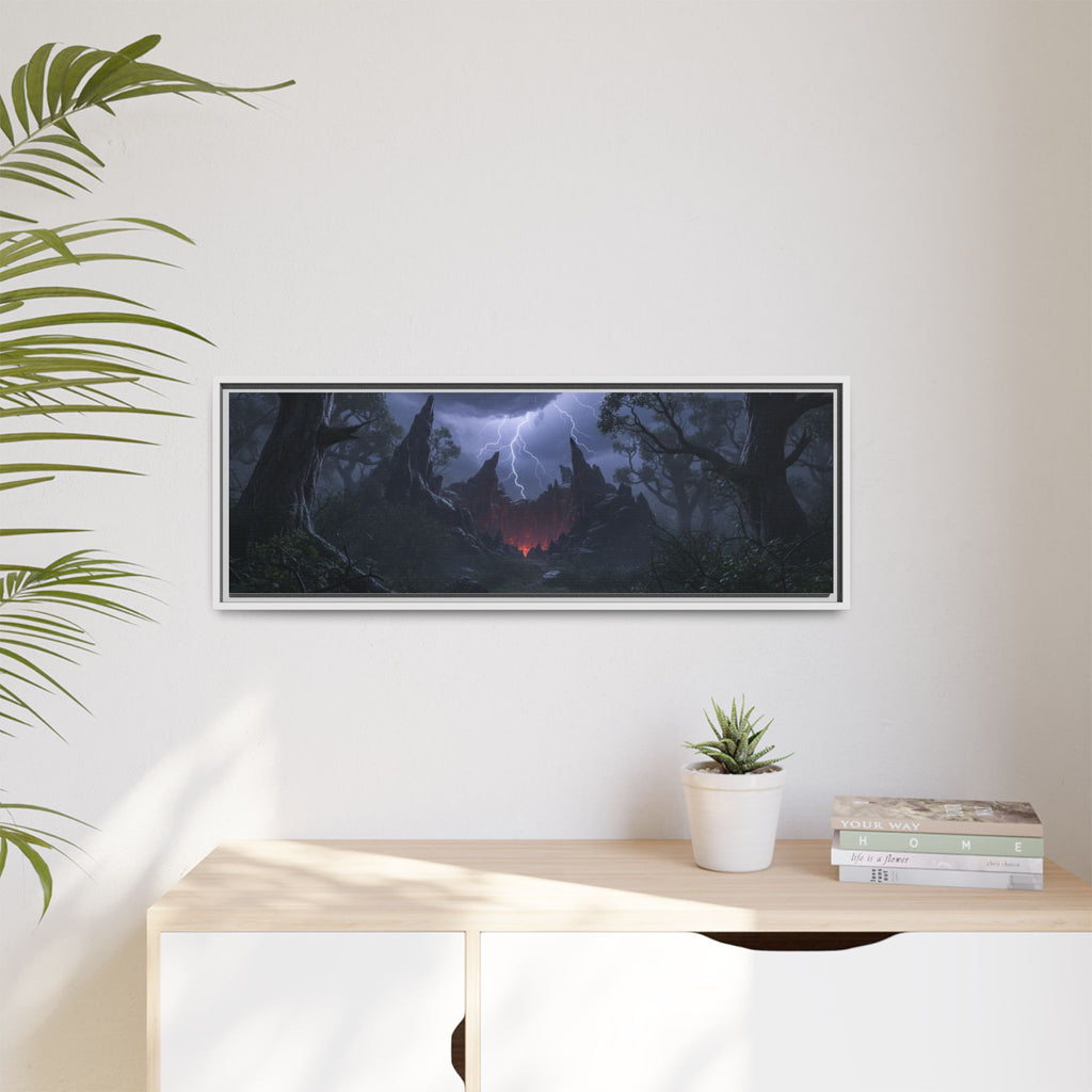 Dark Storm Forest Framed Canvas Print — Lightning, Haunted Castle Art