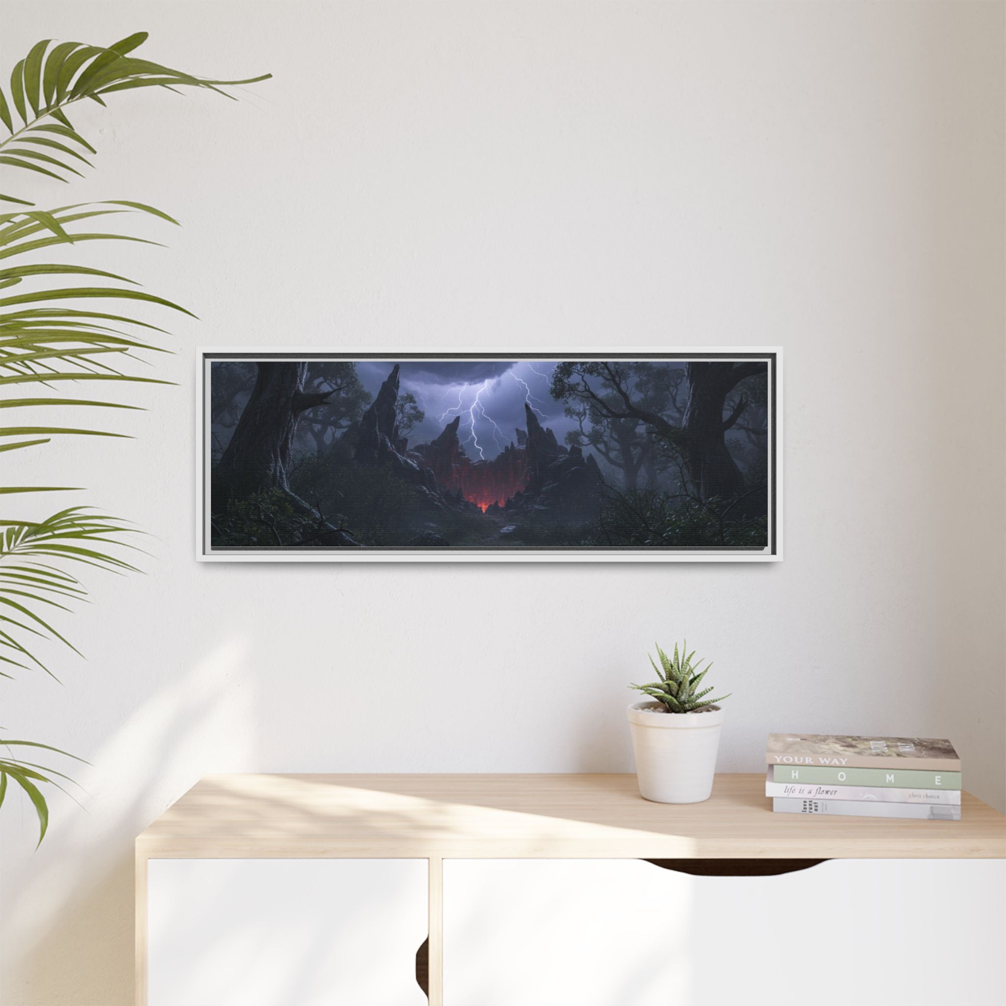 Dark Storm Forest Framed Canvas Print — Lightning, Haunted Castle Art