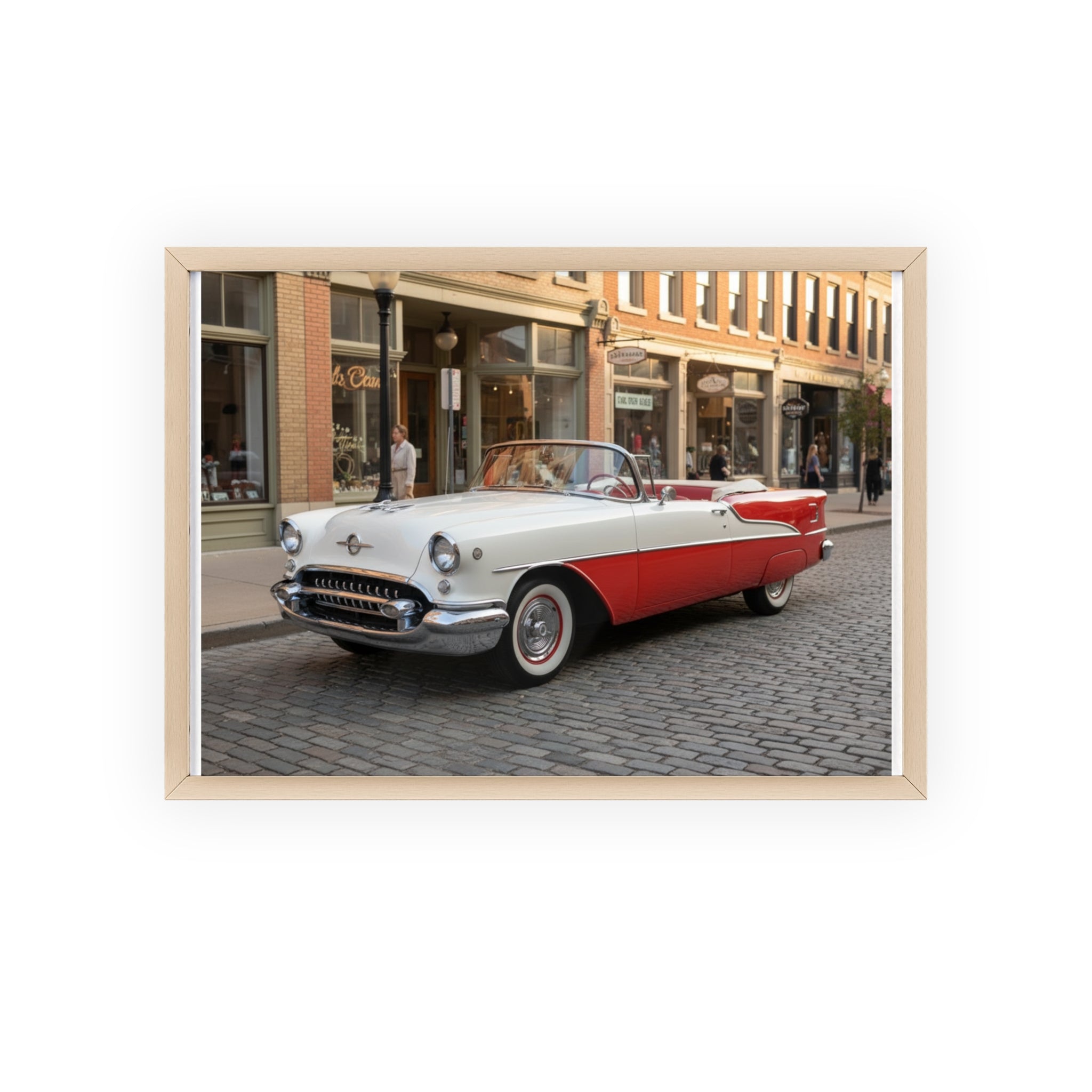 Vintage Red & White Convertible Poster with Wooden Frame — Retro Car Wall Art