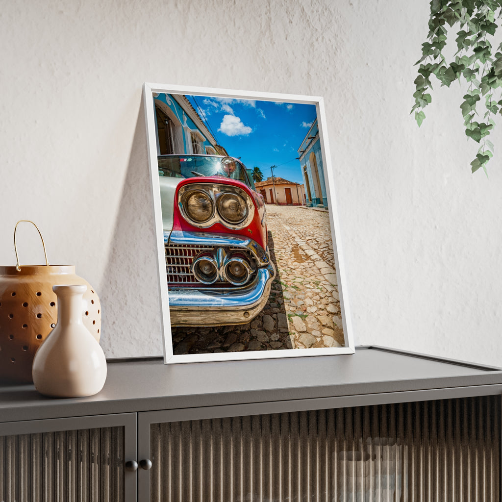 Vintage Classic Car Poster with Wooden Frame — Retro Cuba Street Photography Wall Art