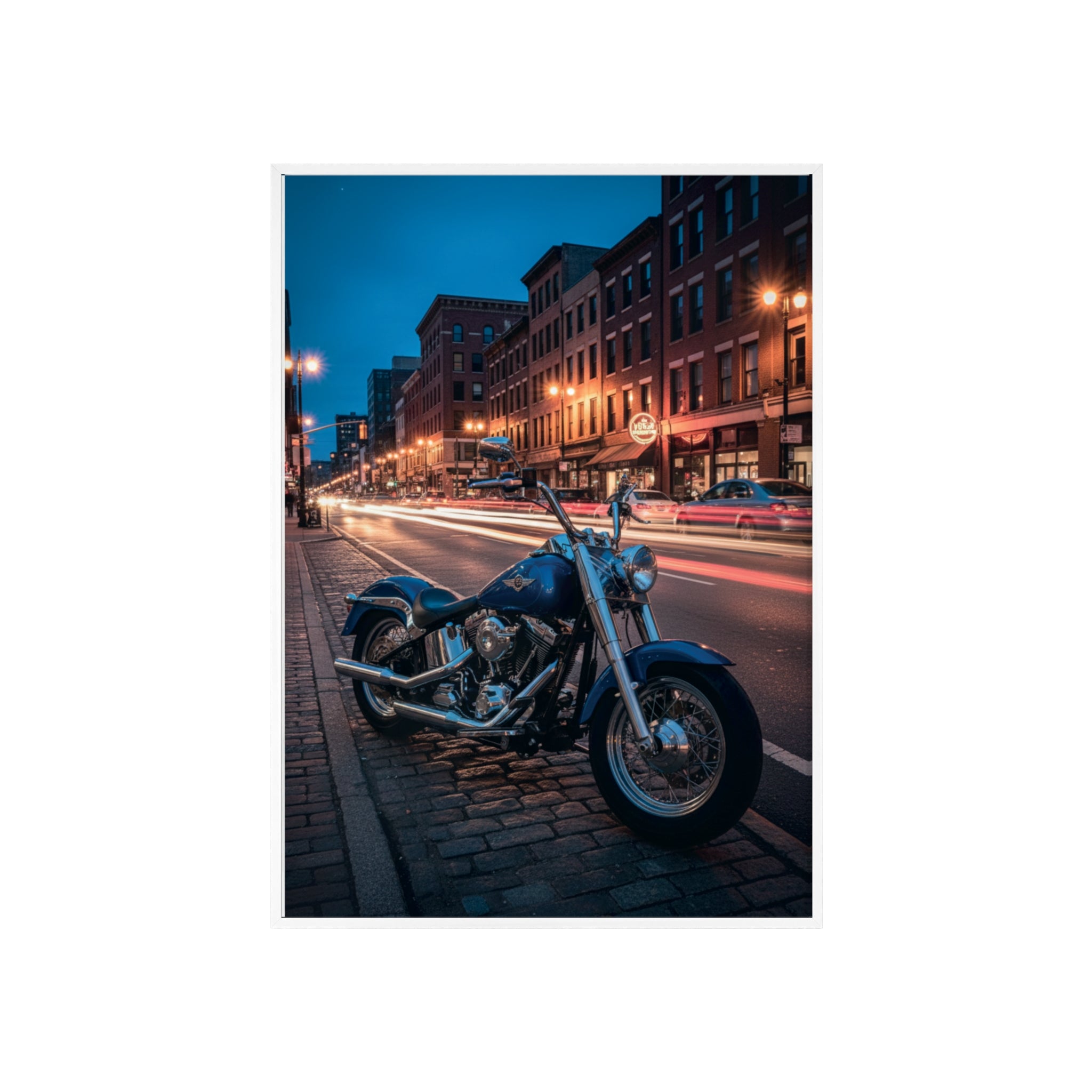 Framed Motorcycle Poster — Night City Street Bike Wall Art