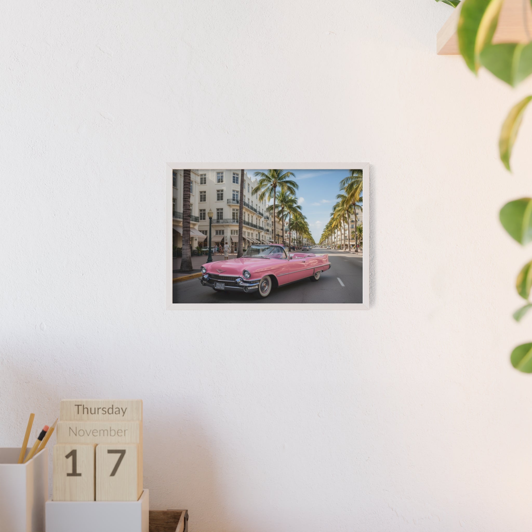 Vintage Pink Cadillac Wall Poster with Wooden Frame — Retro Miami Palm Street Photography