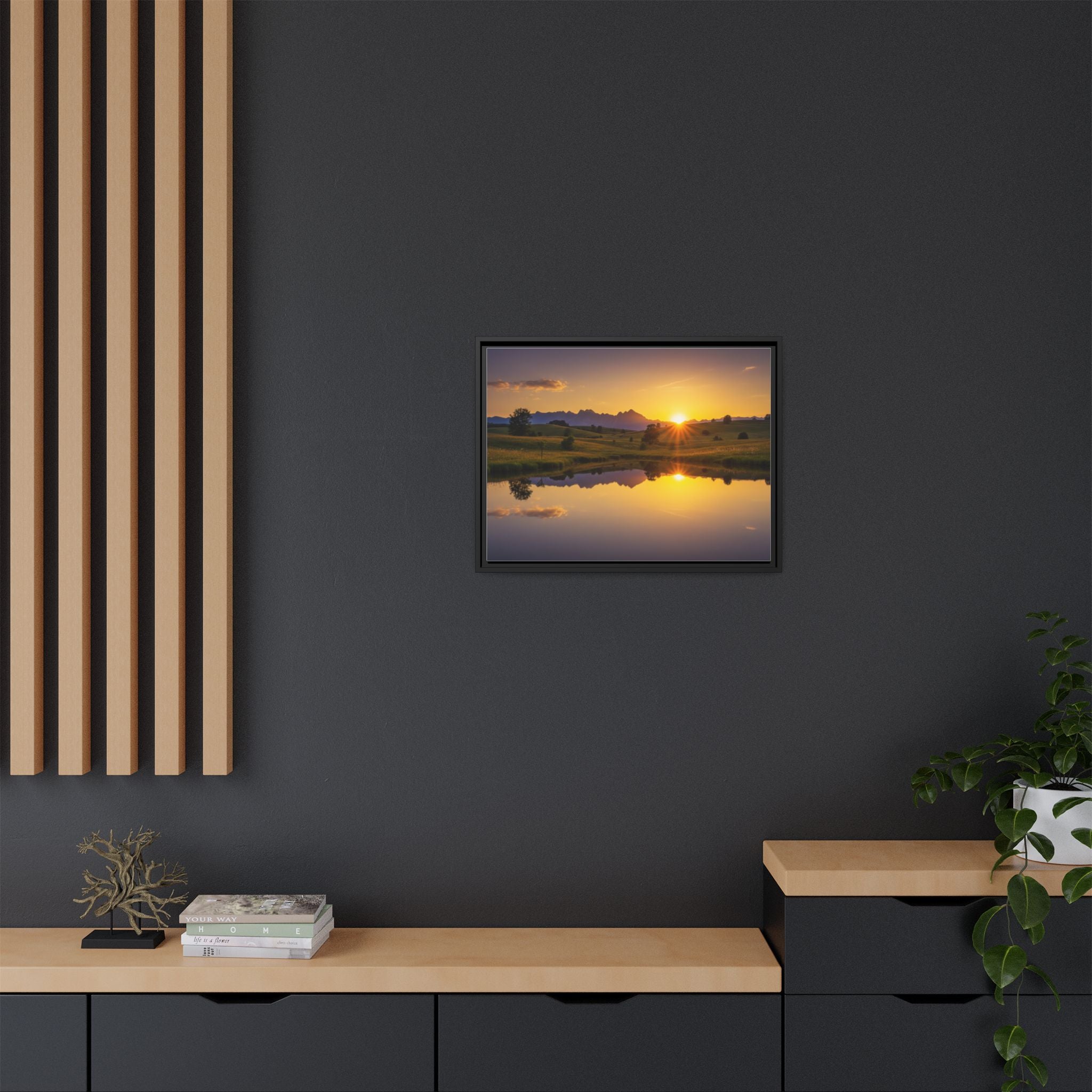 Framed Matte Canvas Sunset Landscape — Serene Lake Reflection Wall Art