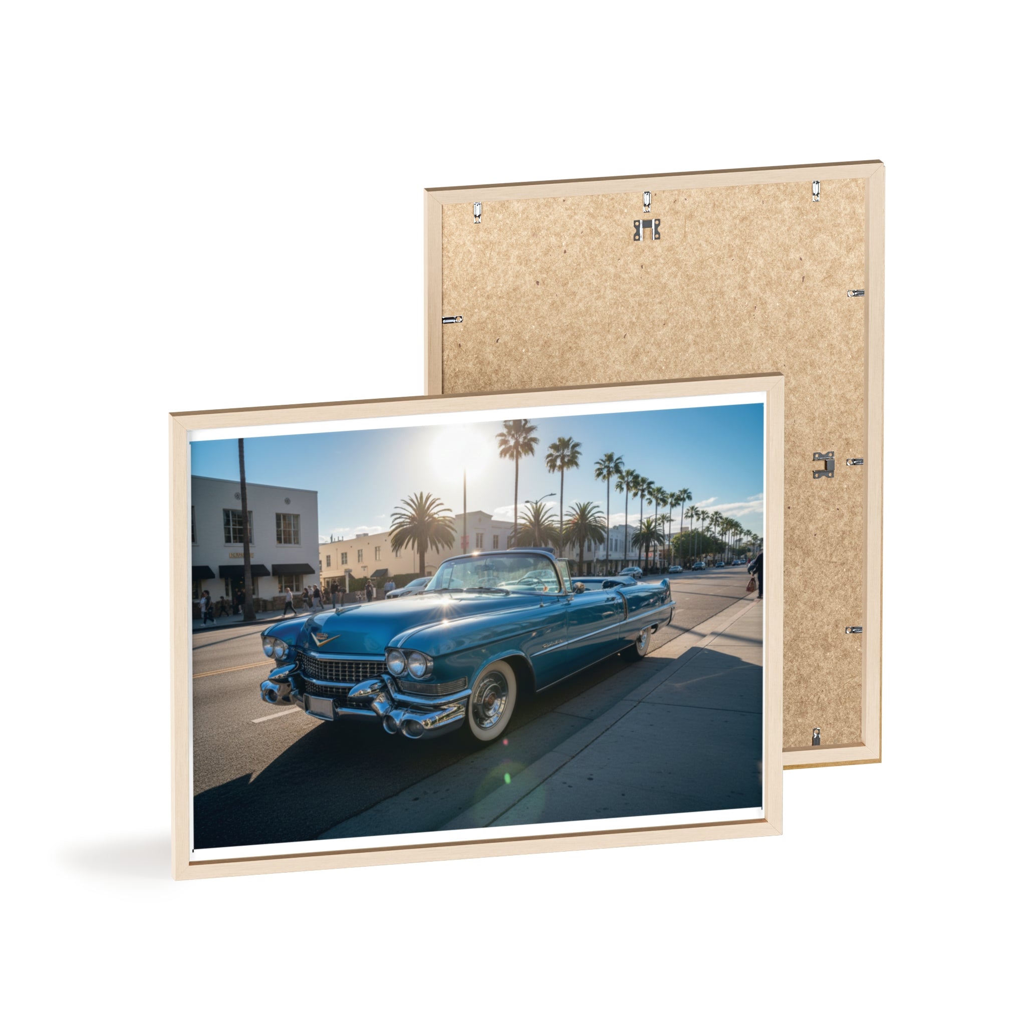 Framed Vintage Cadillac Poster – Retro Palm-Tree Coastal Car Wall Art