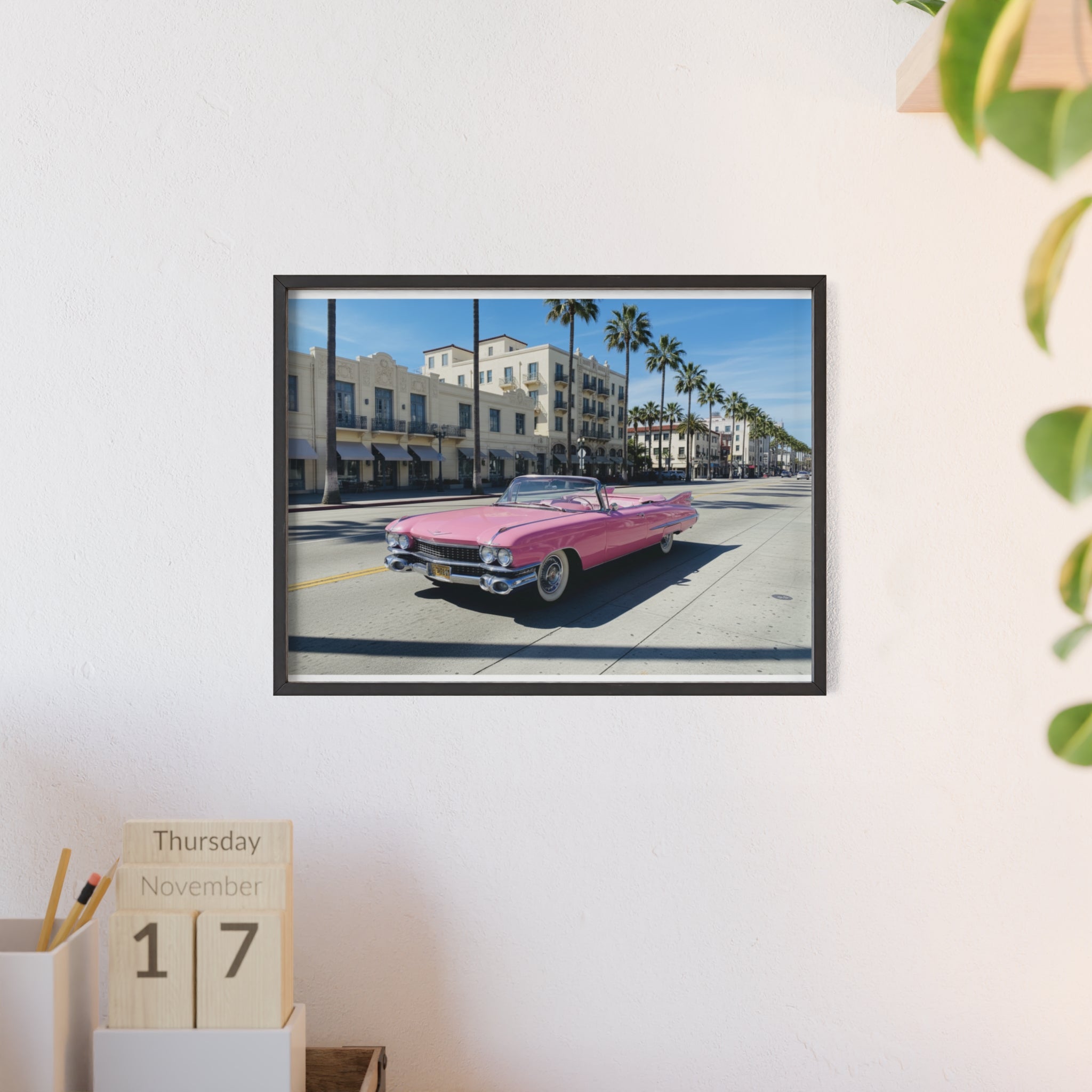 Retro Pink Cadillac Poster with Wooden Frame — Vintage Palm-Drive Wall Art