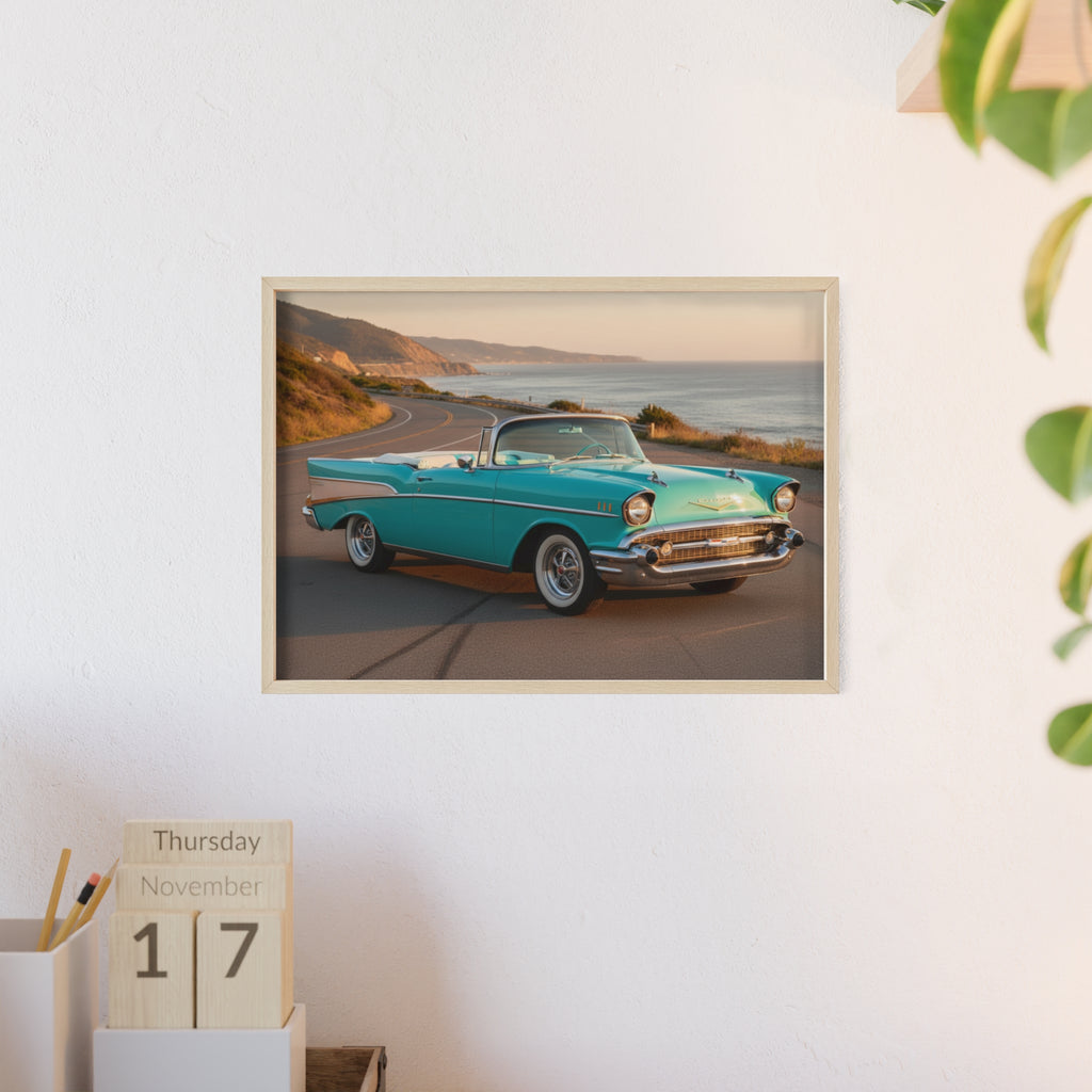 Vintage Teal Classic Car Poster with Wooden Frame — Coastal Road Print