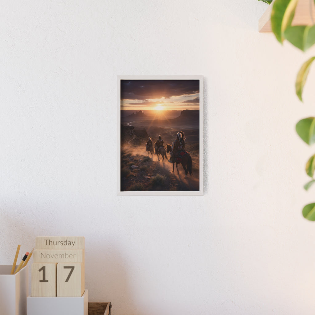 Framed Western Sunset Poster — Native Riders on Horseback Wall Art