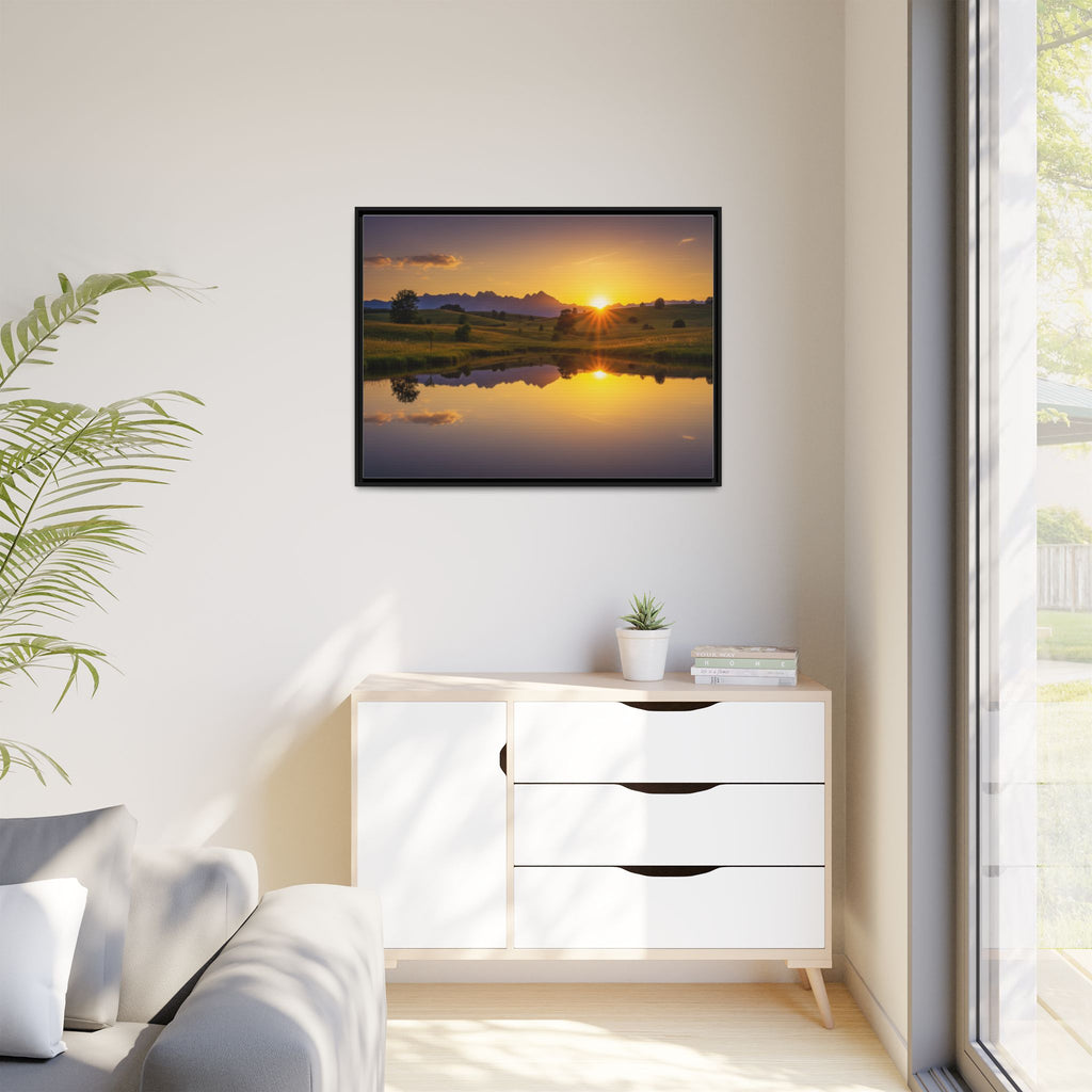 Framed Matte Canvas Sunset Landscape — Serene Lake Reflection Wall Art