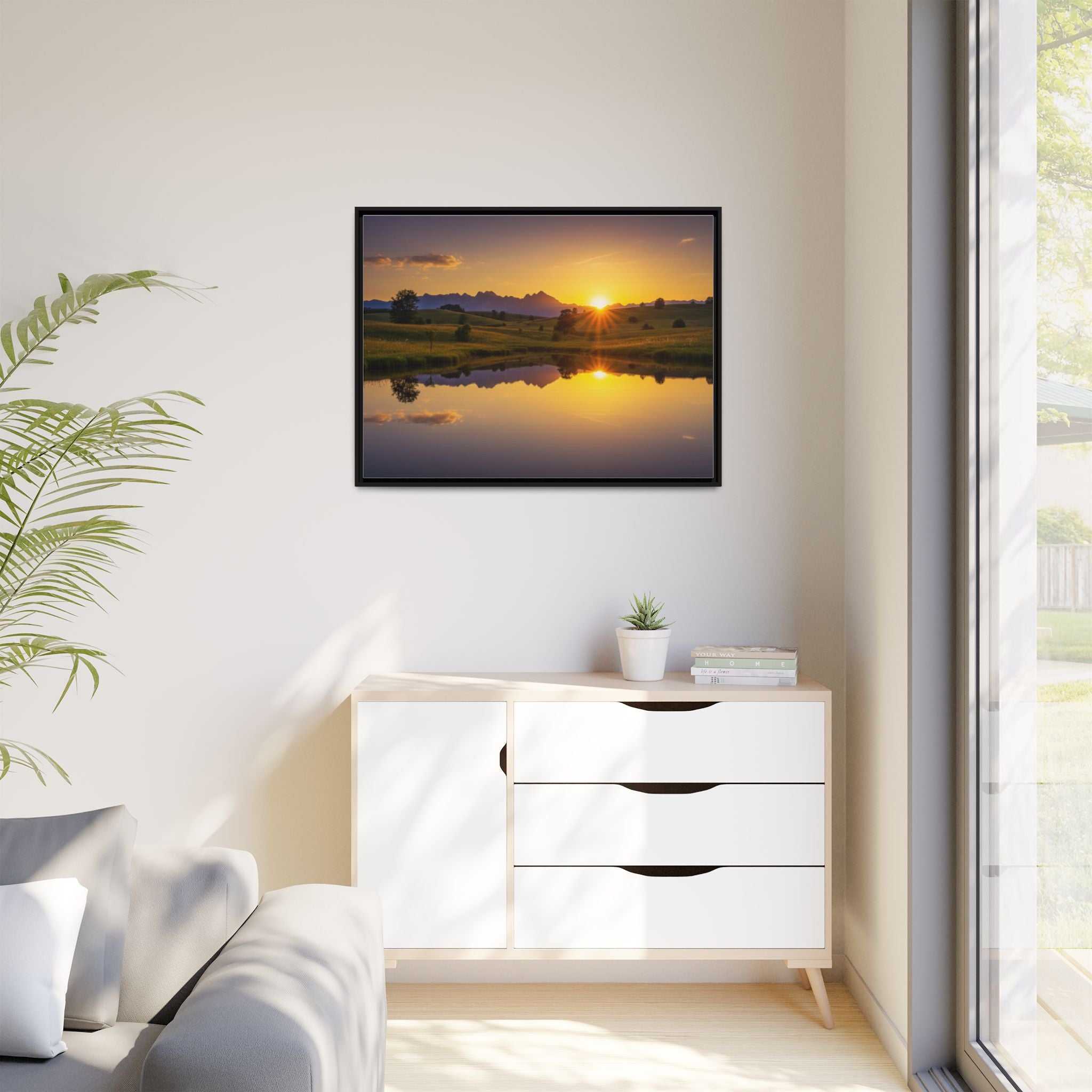 Framed Matte Canvas Sunset Landscape — Serene Lake Reflection Wall Art
