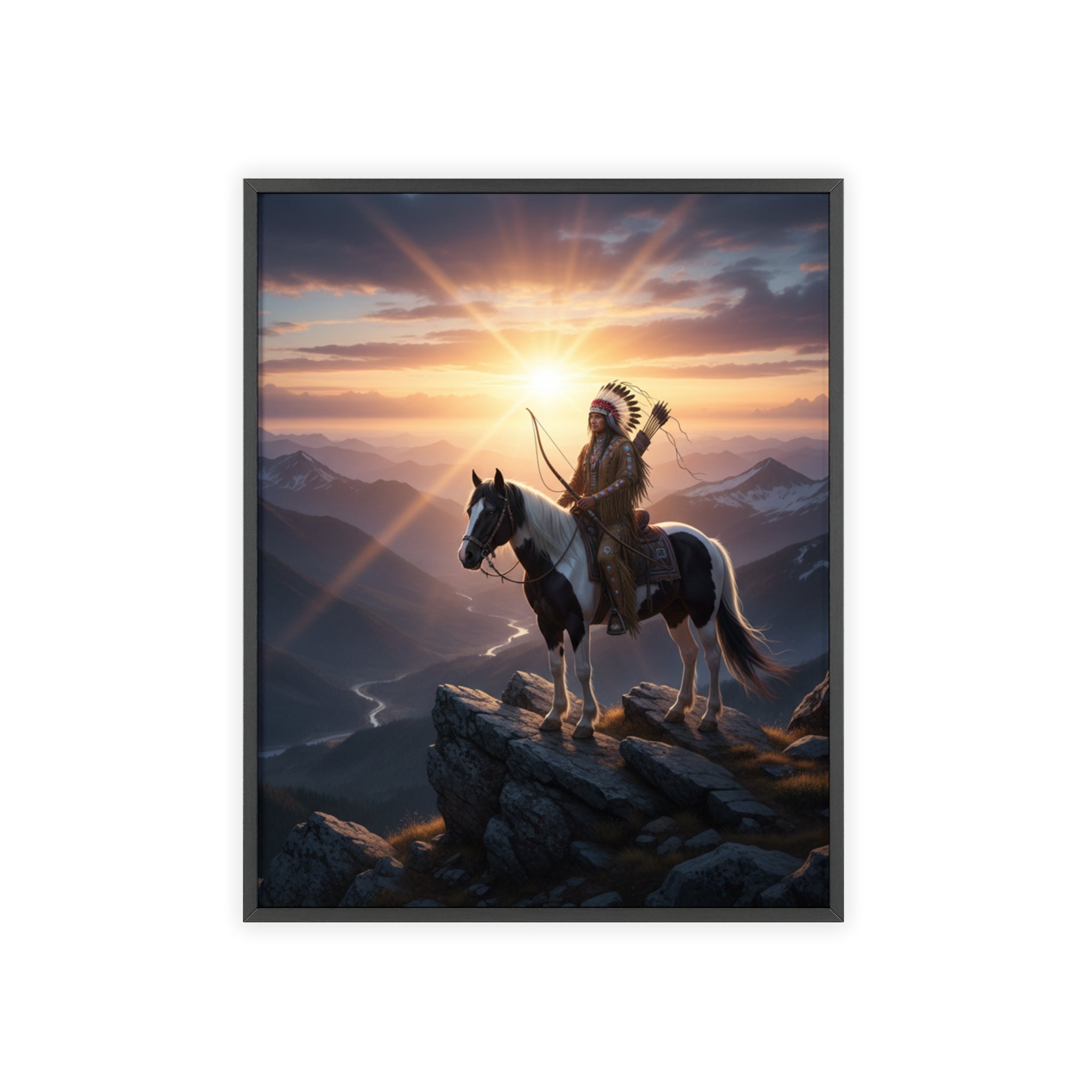 Native American Warrior on Horse Framed Poster — Scenic Sunrise Wall Art