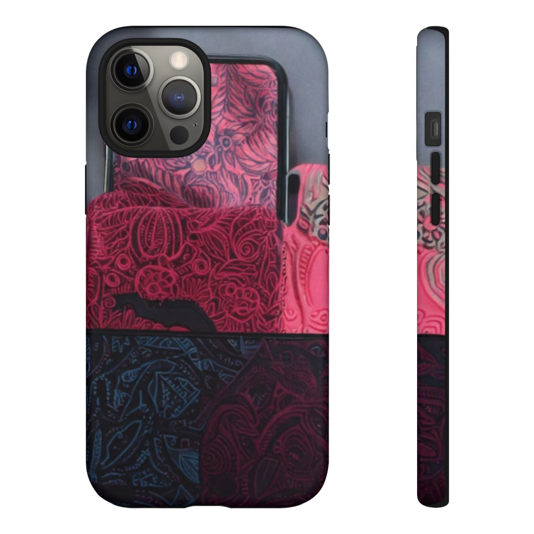 Floral Patchwork Tough Phone Case — Pink & Navy Doodle Design