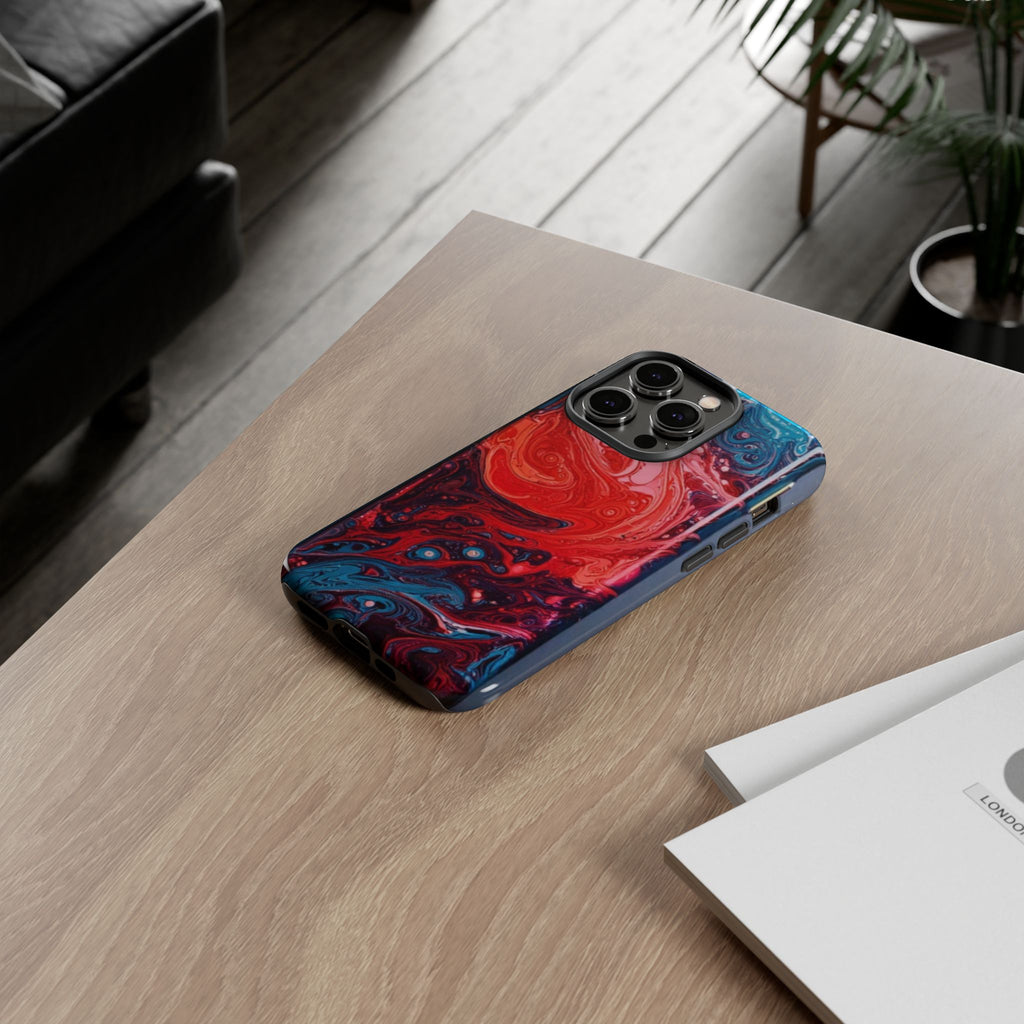 Abstract Red & Blue Swirl Tough Phone Case — Protective iPhone Cover with Fluid Art Design