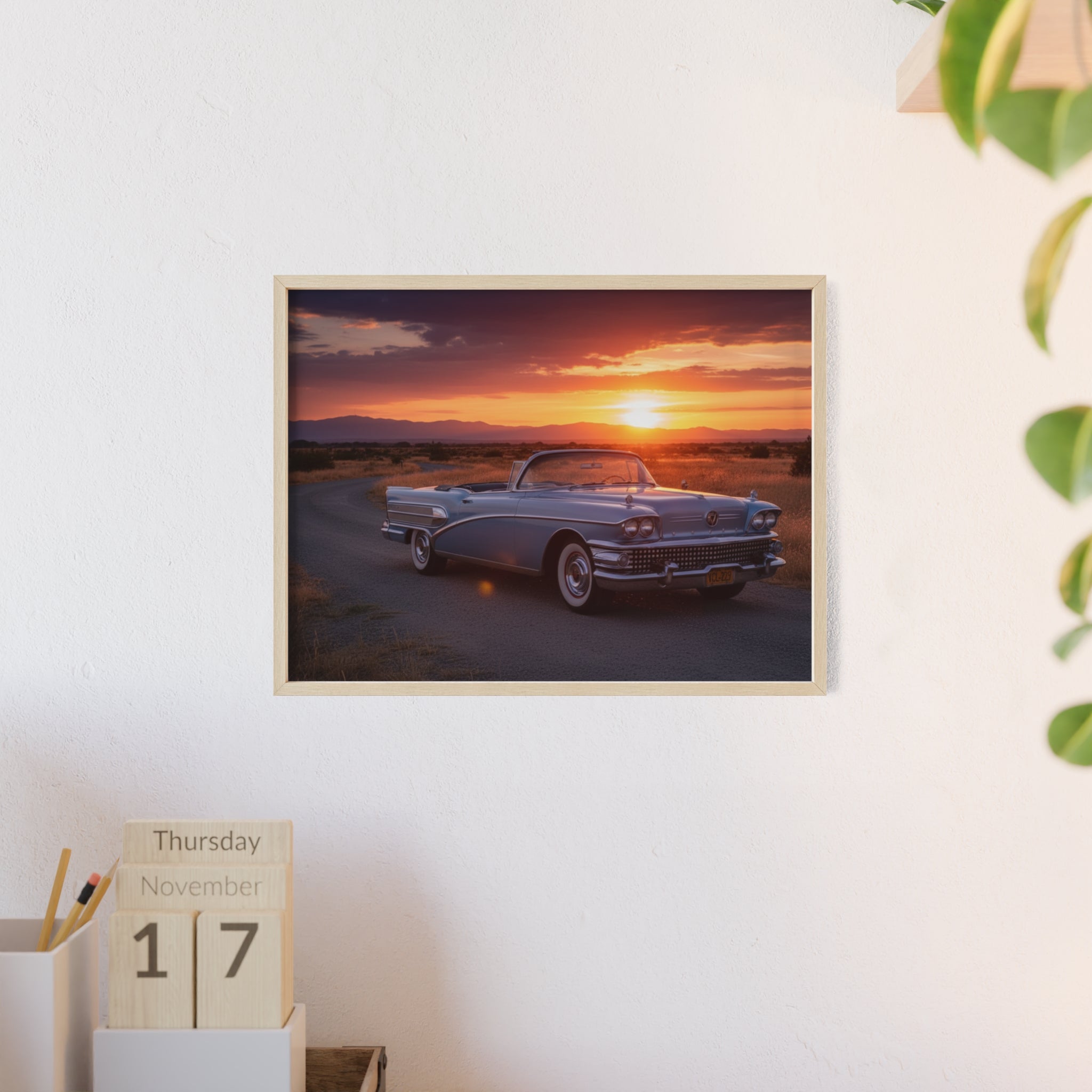 Vintage Convertible Sunset Poster with Wooden Frame