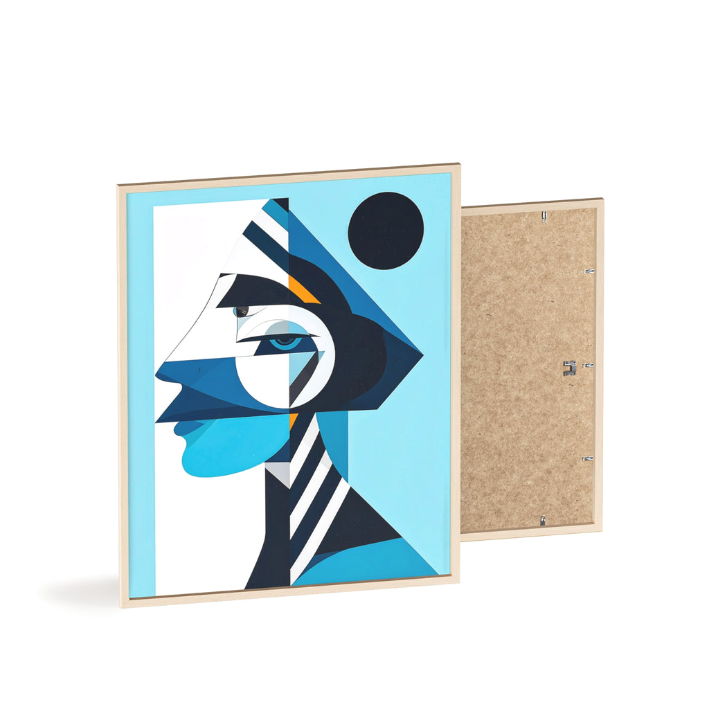 Abstract Geometric Portrait Poster with Wooden Frame — Blue Modern Wall Art