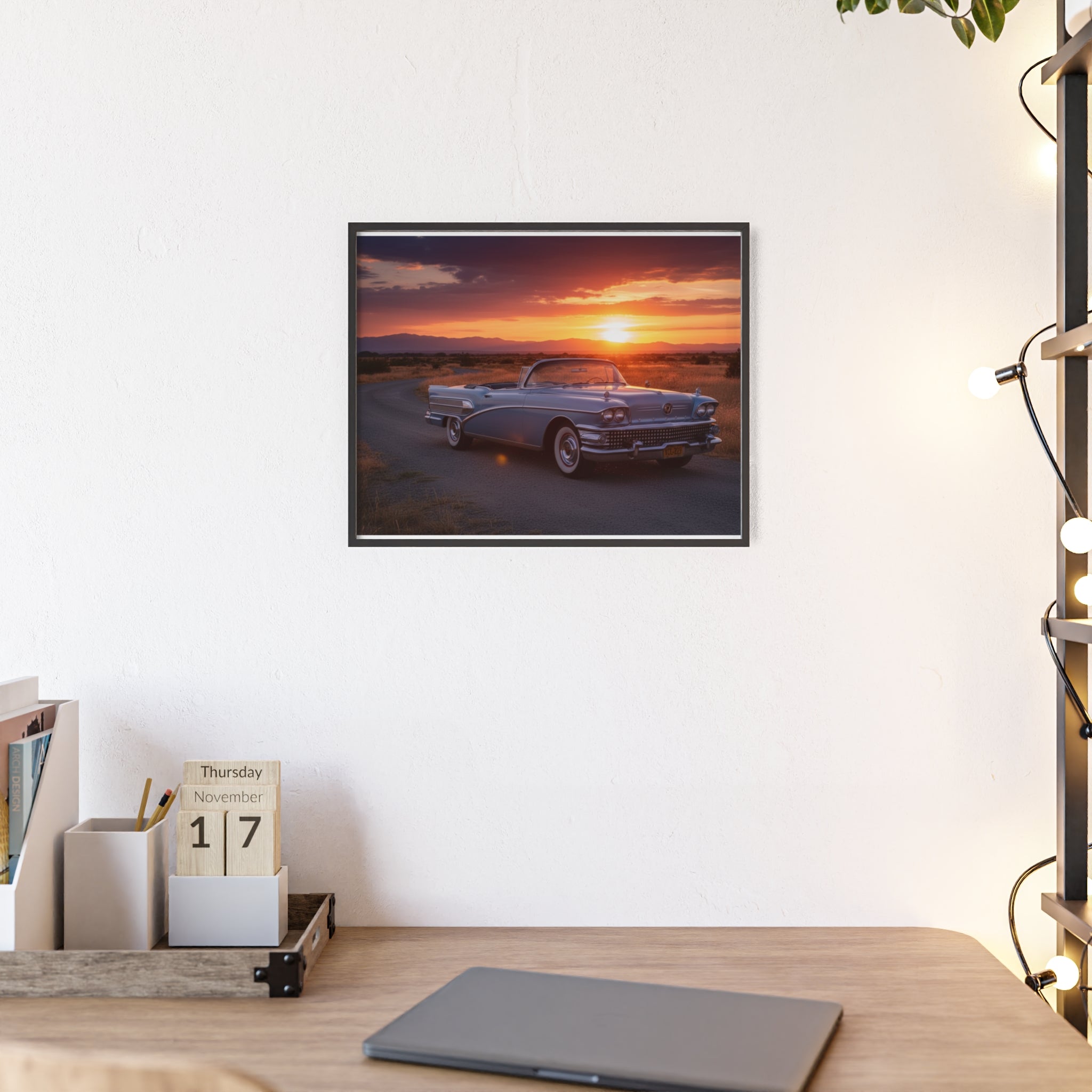 Vintage Convertible Sunset Poster with Wooden Frame