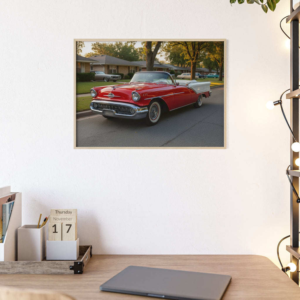 Vintage Red Convertible Poster with Wooden Frame — Classic Car Wall Art