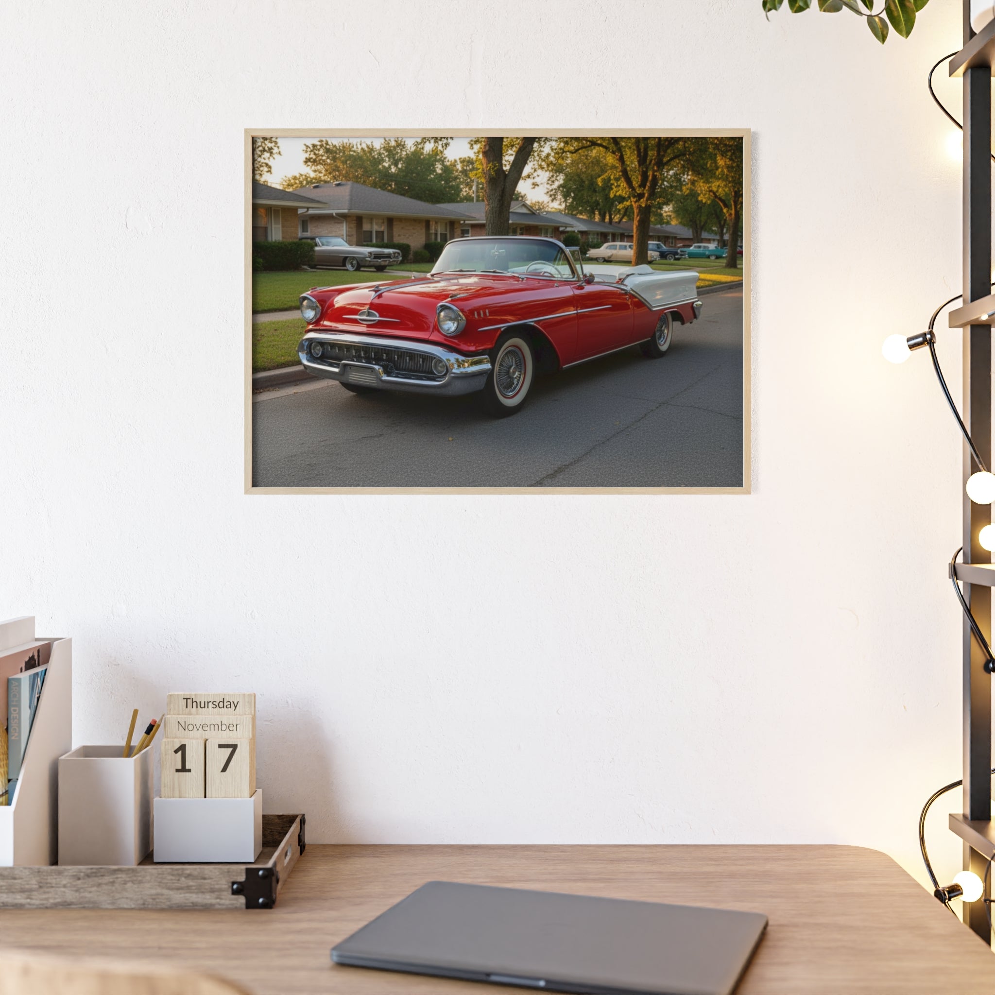 Vintage Red Convertible Poster with Wooden Frame — Classic Car Wall Art