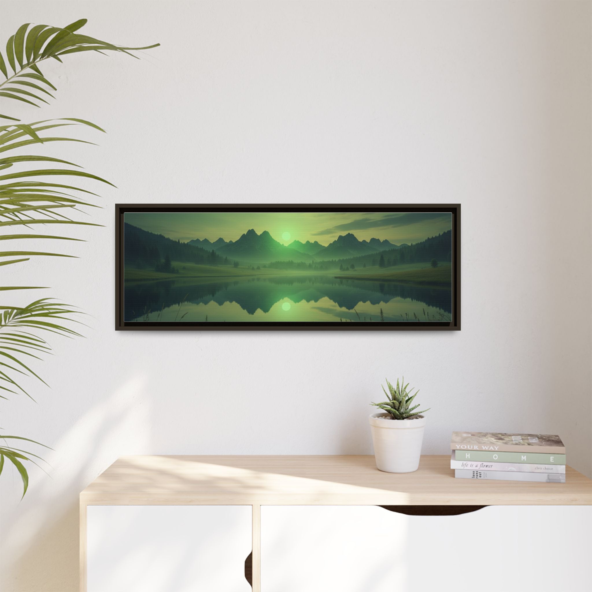 Framed Matte Canvas Print — Serene Green Mountain Lake Landscape