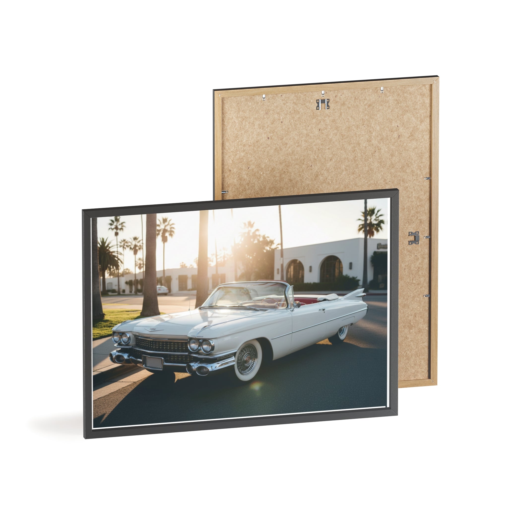 Vintage Cadillac Convertible Poster with Wooden Frame — Retro Palm Trees Sunset Wall Art