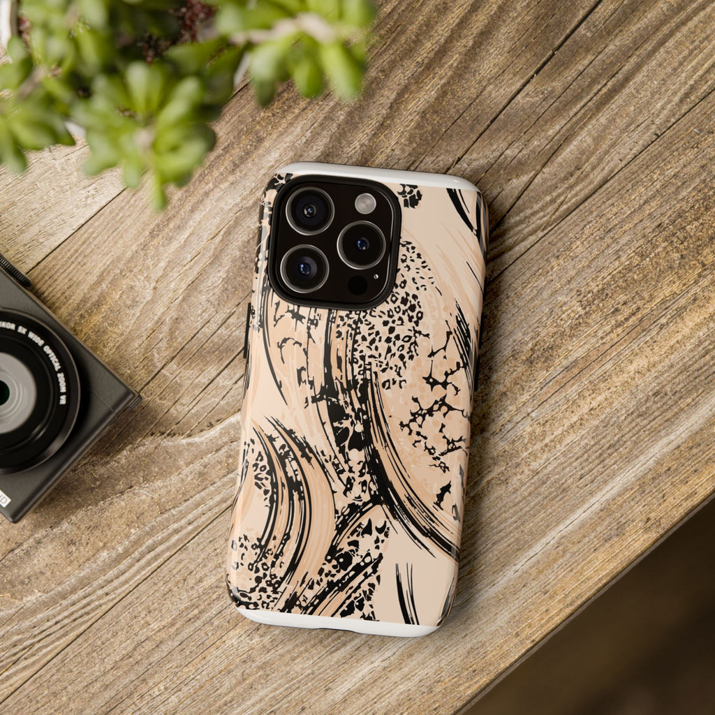 Abstract Brushstroke Phone Case — Neutral Beige & Black Artistic Protective Cover