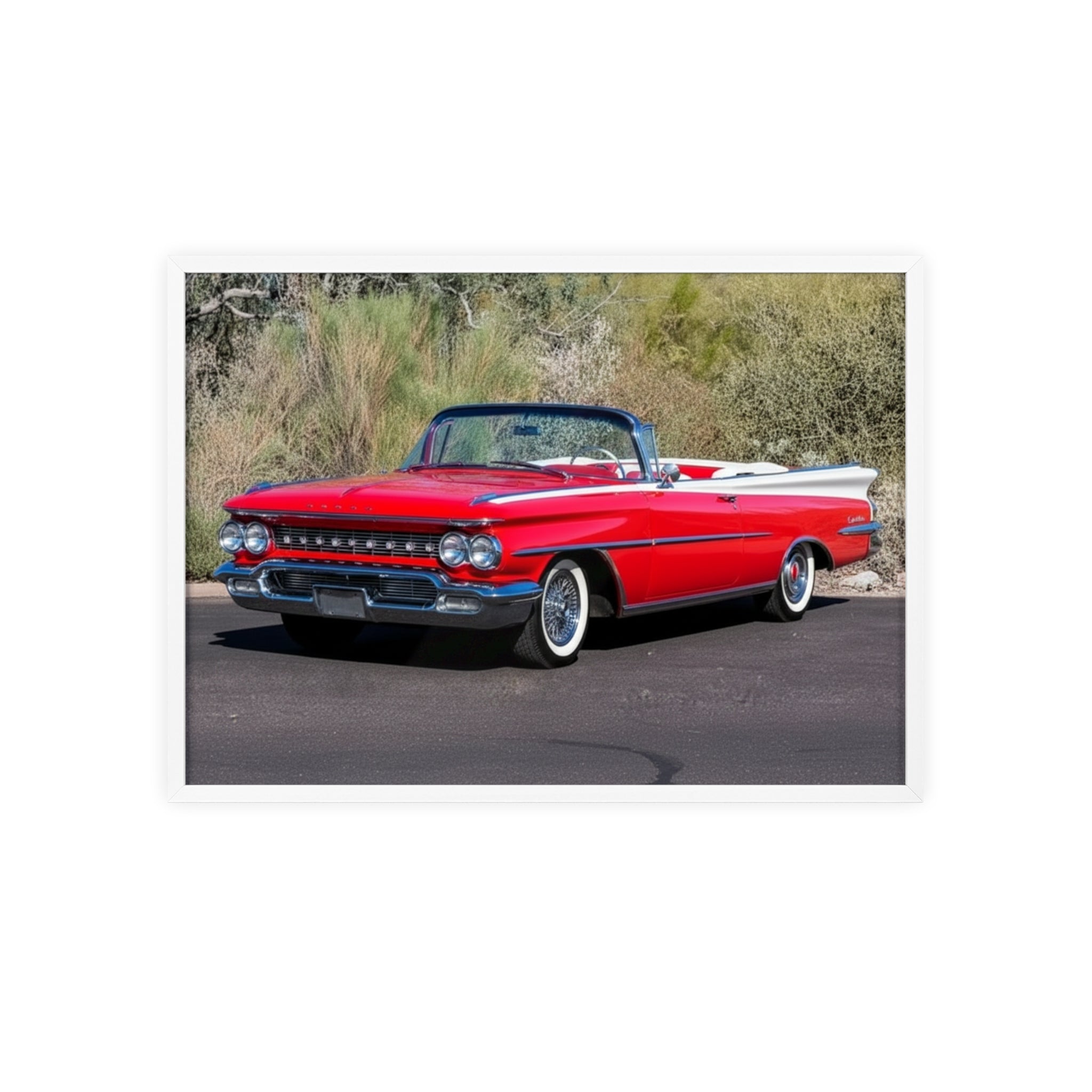 Vintage Red Convertible Car Poster with Wooden Frame — Classic Auto Wall Art