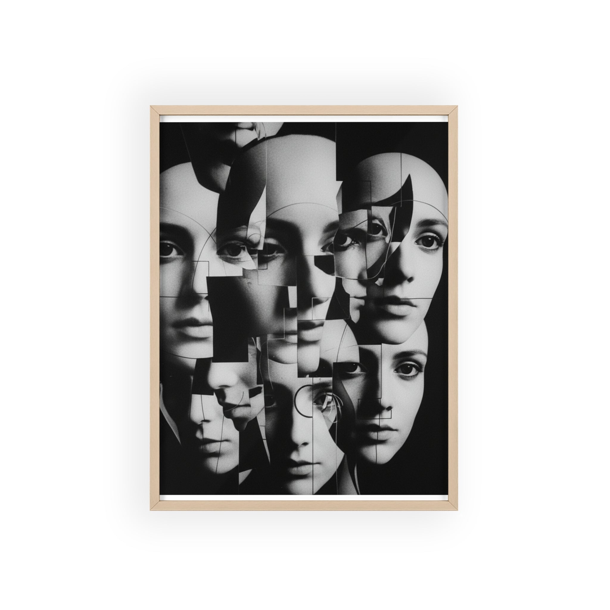 Surreal Multi-Face Black & White Poster — Framed Wooden Art Print