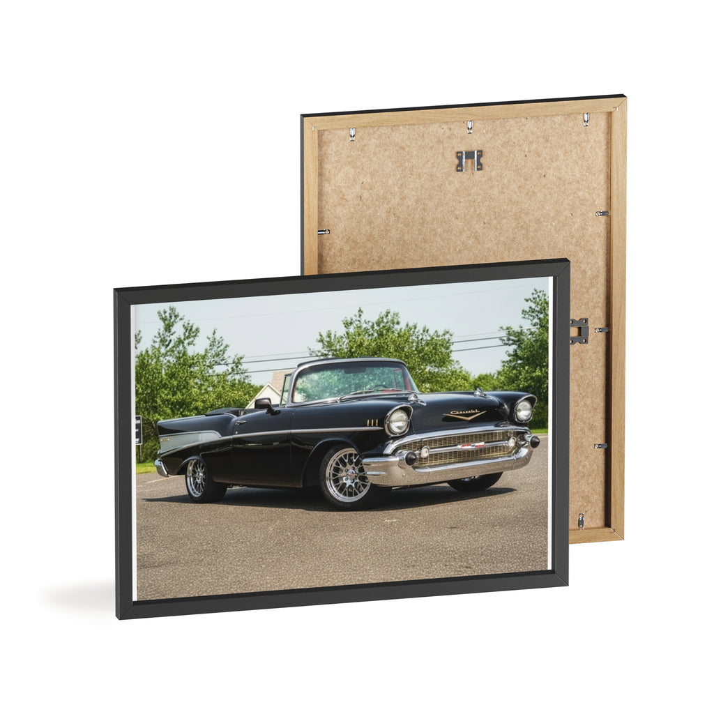 Classic Black 1957 Chevy Poster with Wooden Frame — Vintage Car Wall Art