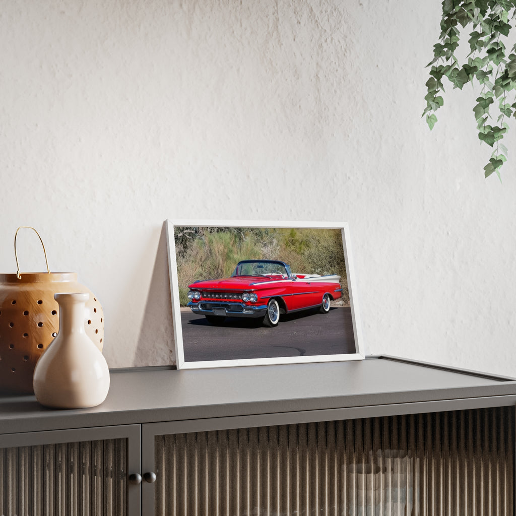 Vintage Red Convertible Car Poster with Wooden Frame — Classic Auto Wall Art
