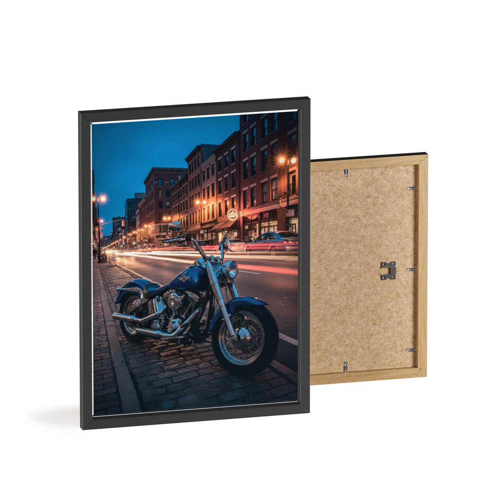 Framed Motorcycle Poster — Night City Street Bike Wall Art