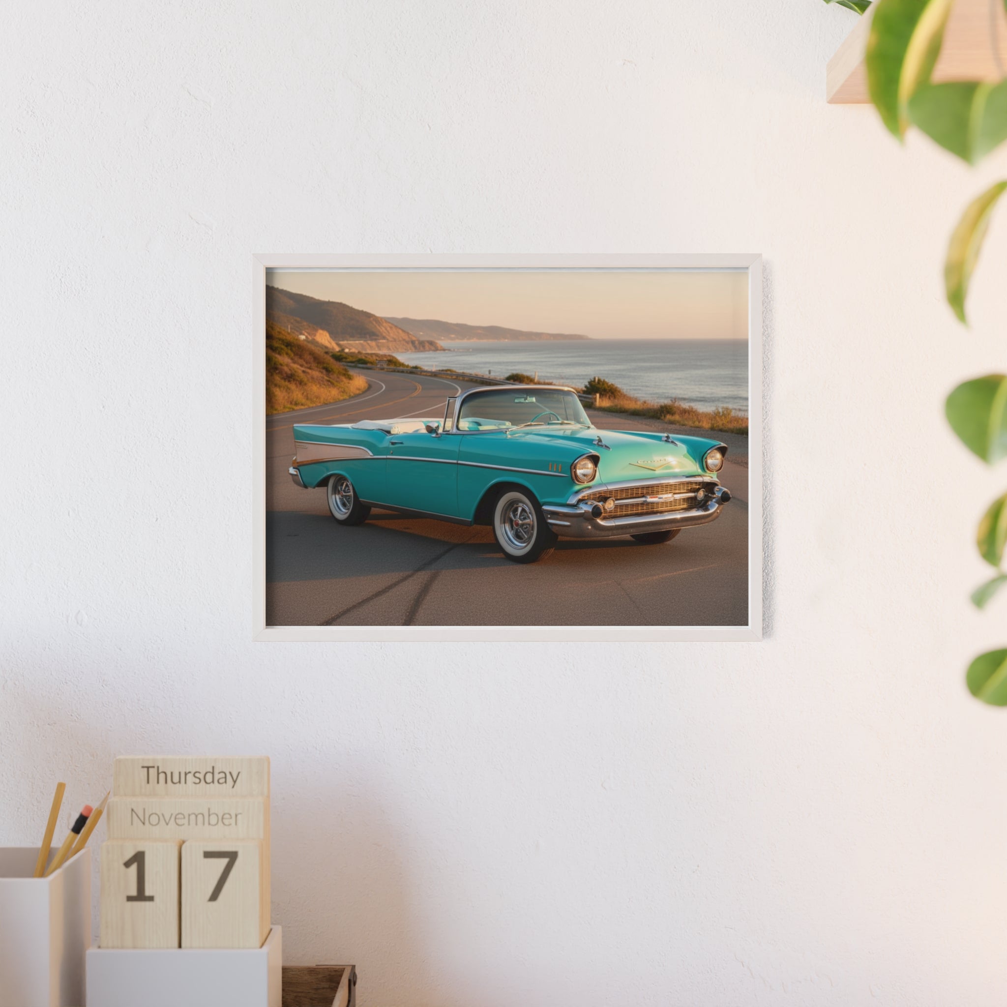 Vintage Teal Classic Car Poster with Wooden Frame — Coastal Road Print