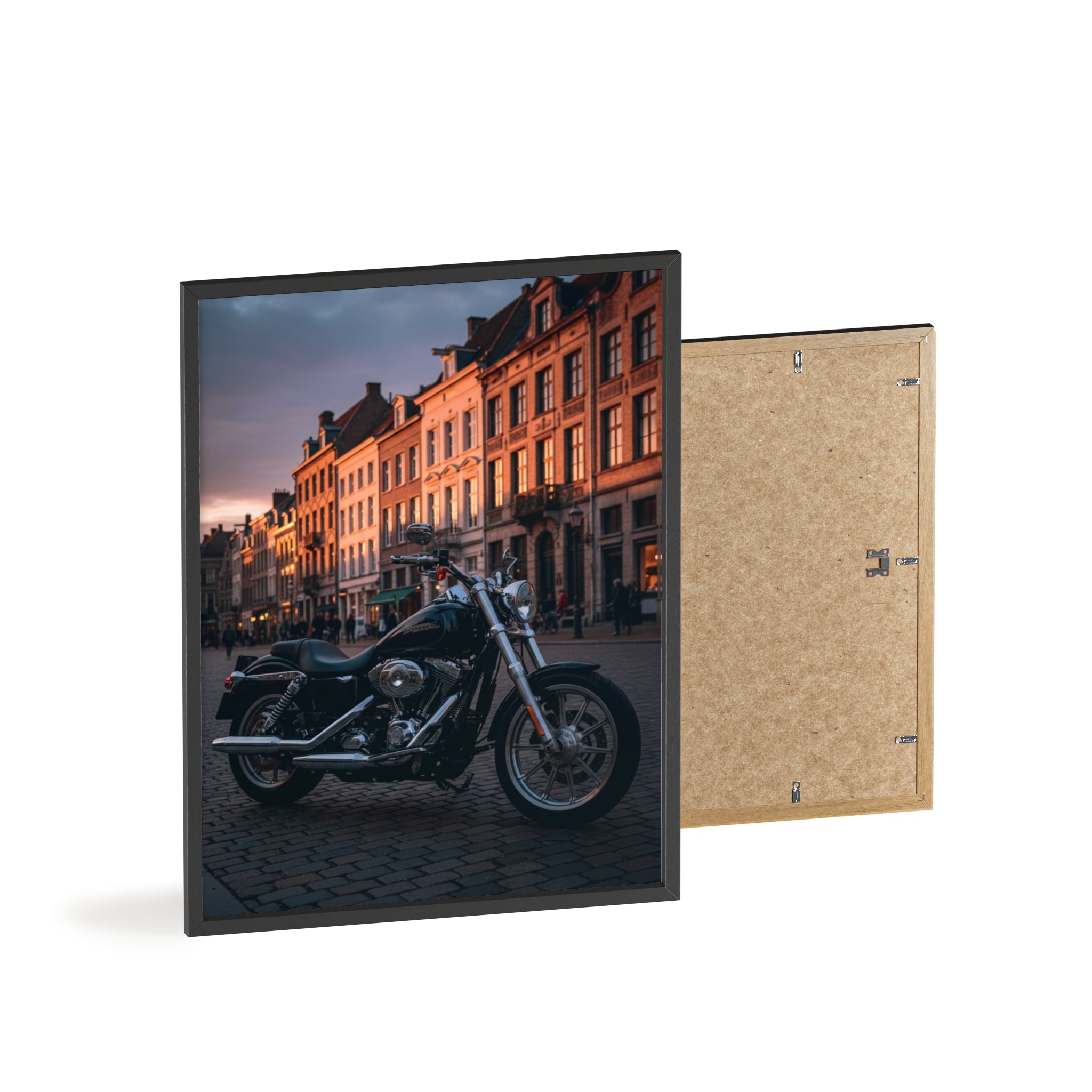 Vintage Motorcycle Poster with Wooden Frame — Urban Sunset Bike Wall Art