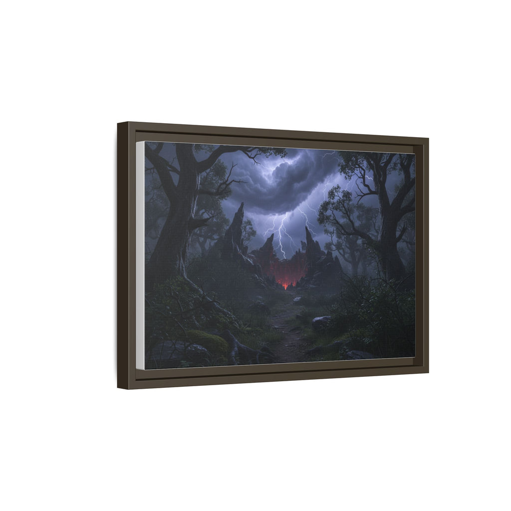 Dark Storm Forest Framed Canvas Print — Lightning, Haunted Castle Art