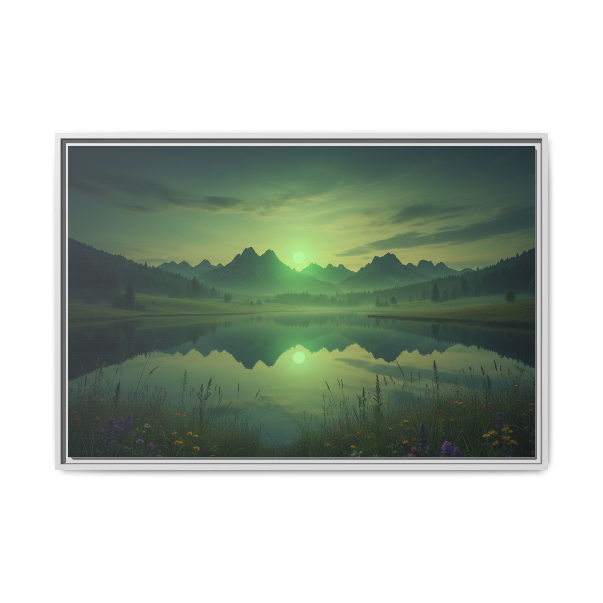 Framed Matte Canvas Print — Serene Green Mountain Lake Landscape