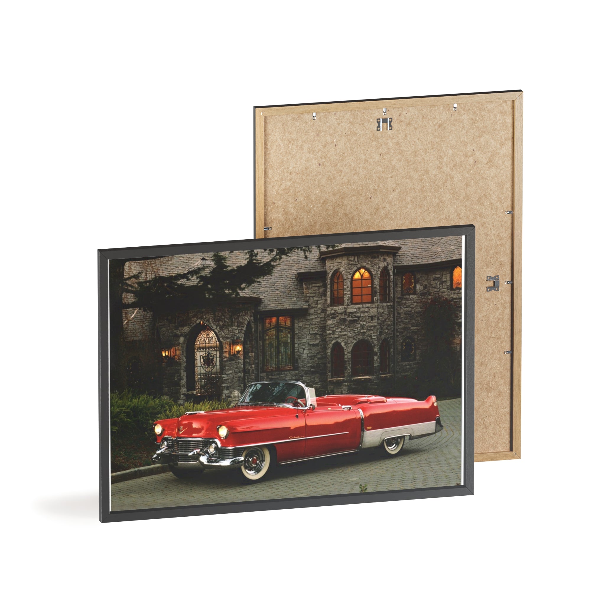 Vintage Red Convertible Poster with Wooden Frame — Classic Car Wall Art